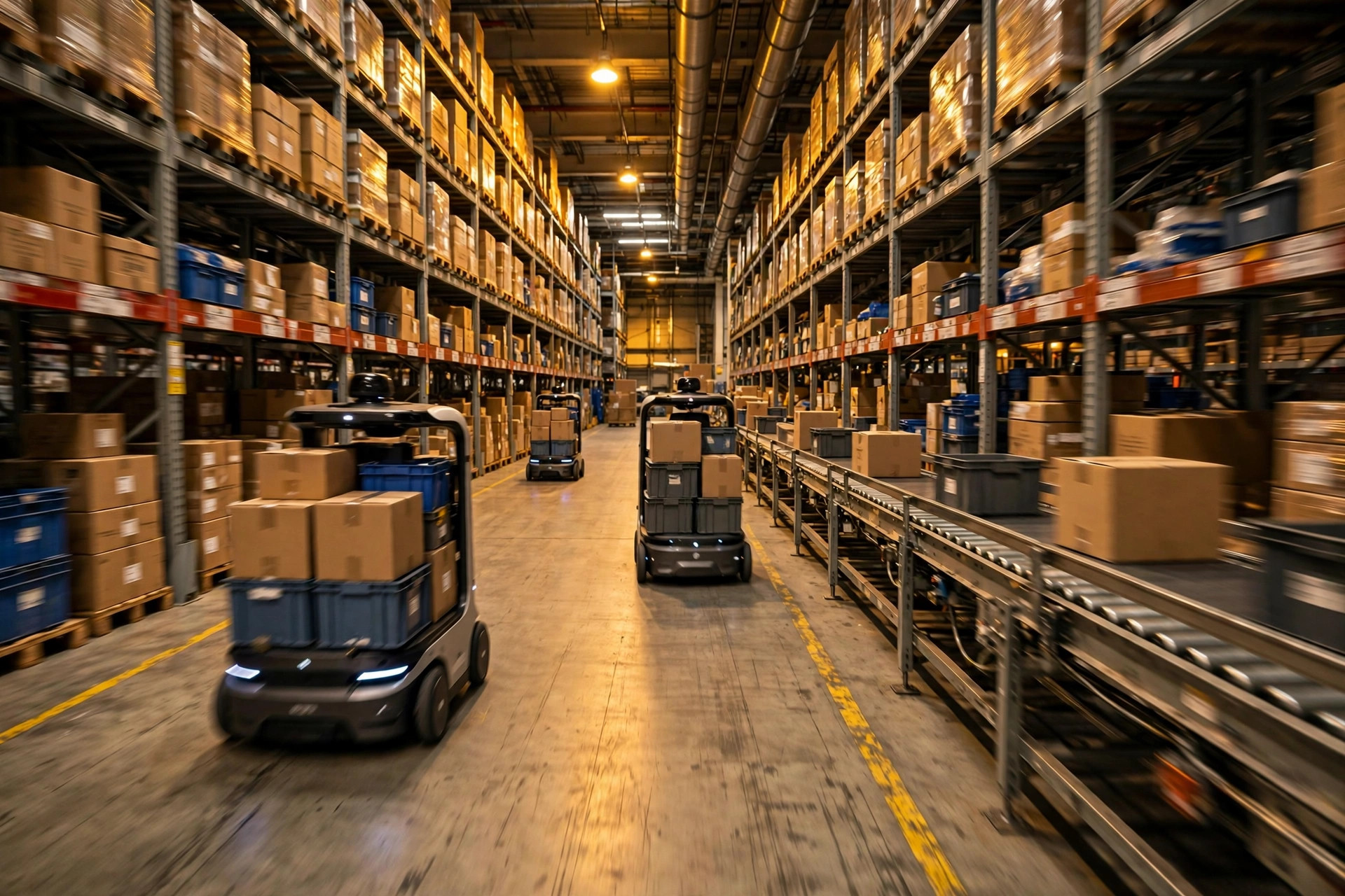 AMRs transporting goods through a warehouse aisle with tall racking