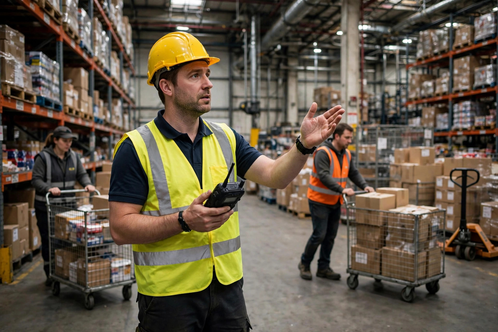 A warehouse supervisor on the floor checking tasks on a handheld terminal and directing dispatch