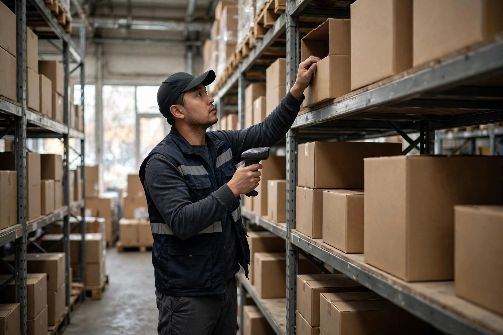A picker scanning goods with a handheld terminal in a warehouse aisle