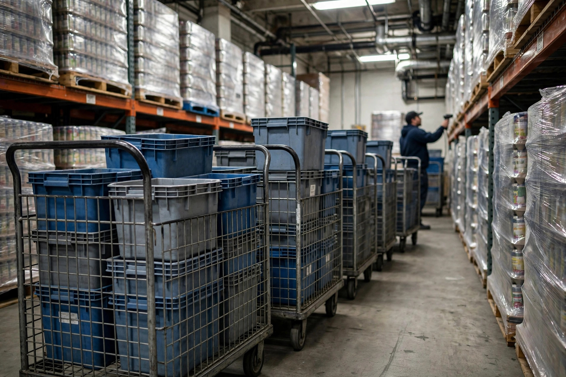 Carritos de preparación y contenedores en fila en un pasillo estrecho de almacén pequeño