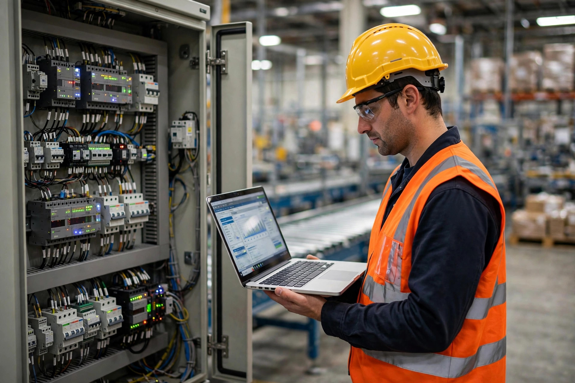 Engineer commissioning automation equipment at an electrical control cabinet