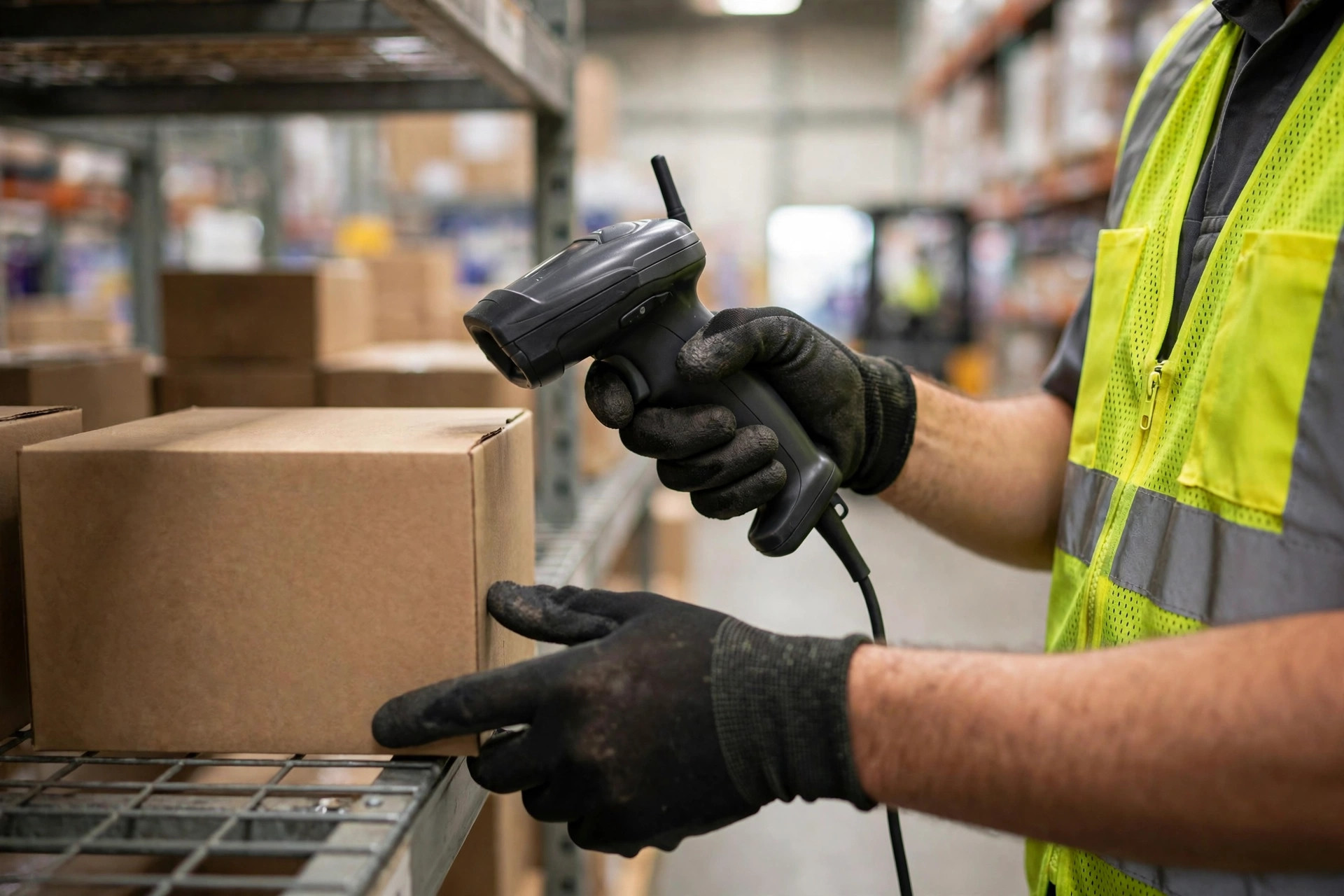 Warehouse associate scanning a carton with an RF scanner in a picking aisle