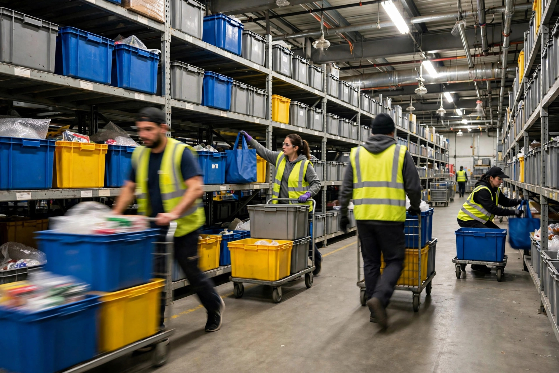 Pickers working wave orders with carts in a wide warehouse aisle
