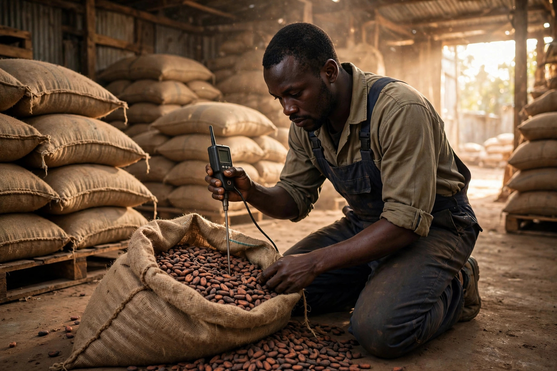 A warehouse worker in a West African cocoa warehouse testing the moisture of bagged cocoa beans with a handheld meter