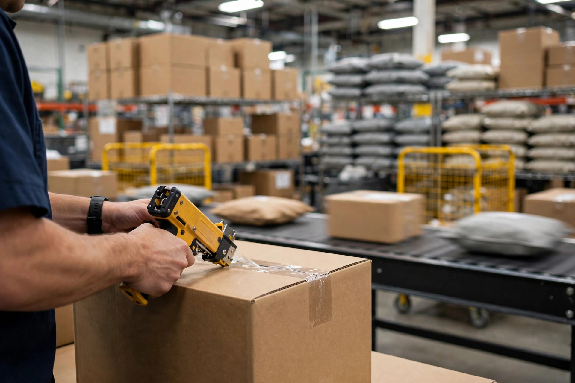 Packing stations inside a US fulfillment warehouse