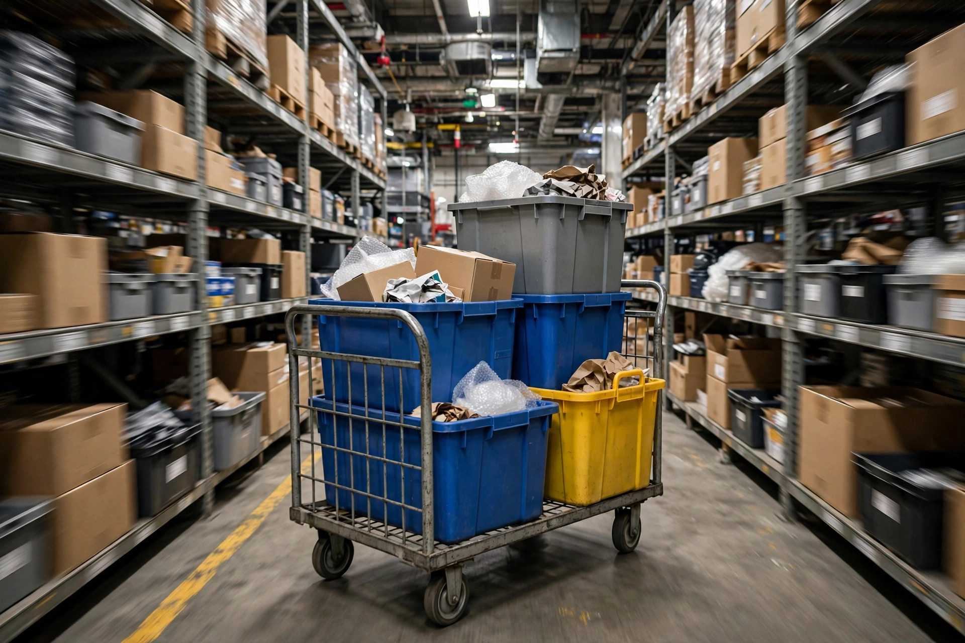 Pick cart with totes moving through warehouse pick aisles