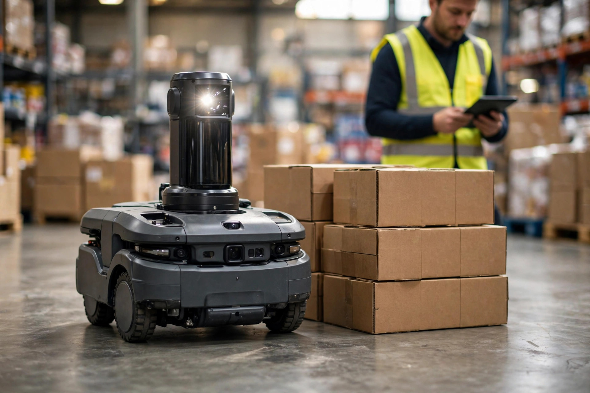 Close-up of a mobile warehouse robot beside a manager reviewing costs on a tablet