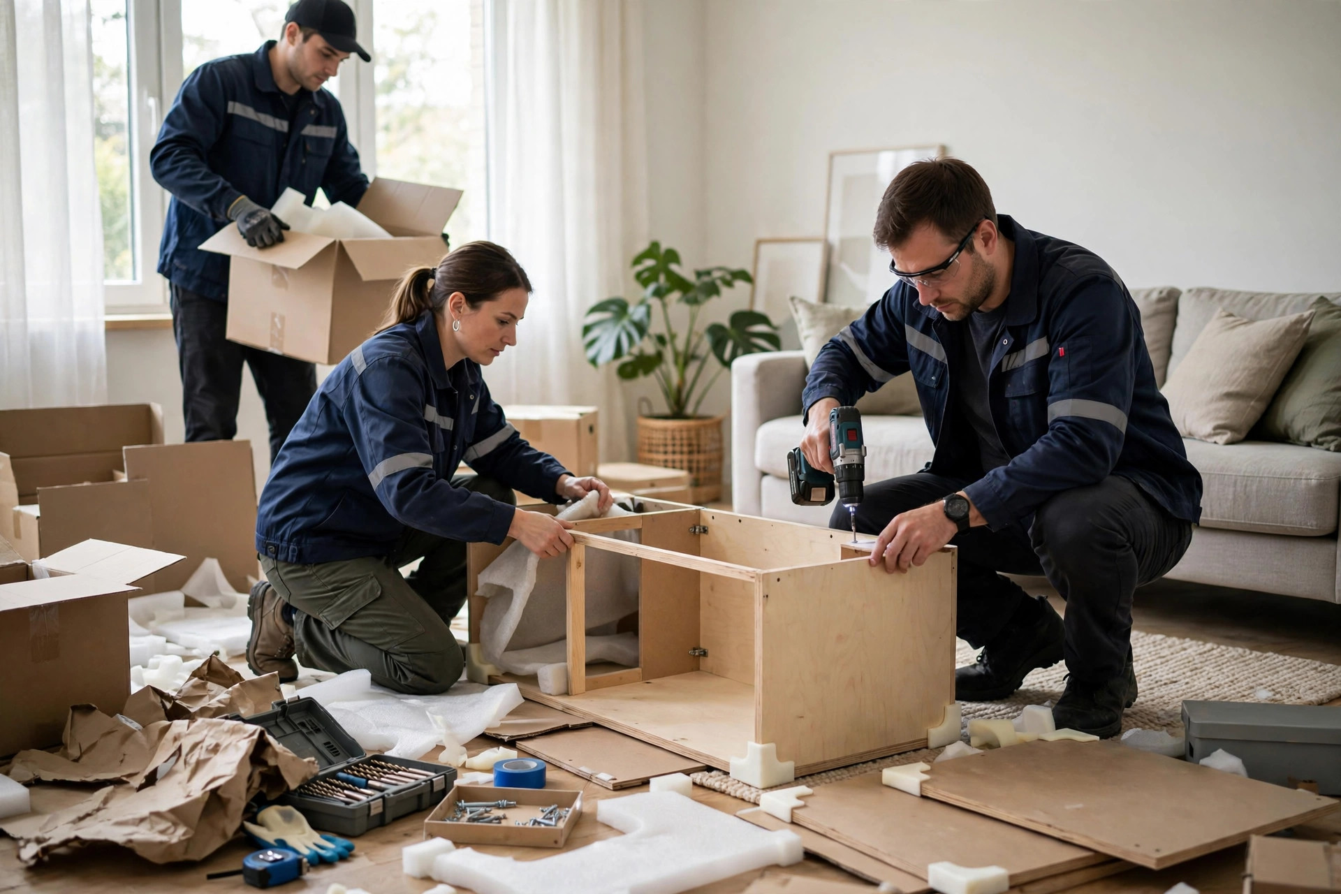 Two delivery workers carrying a wrapped sofa through a residential doorway