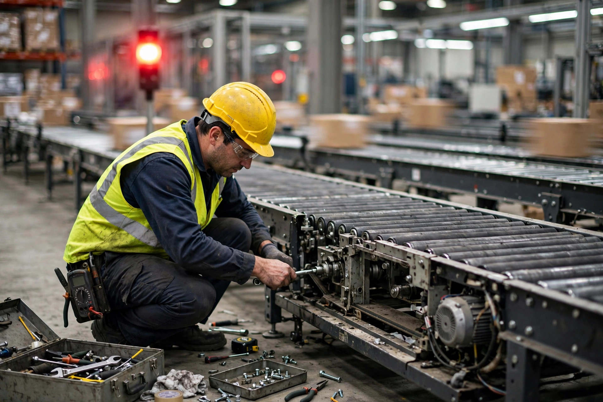 A maintenance technician repairing a stopped conveyor section in an automated warehouse, with tools on the floor and a blurred red warning light