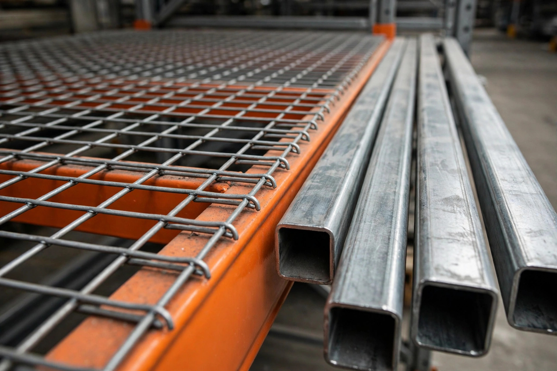 Wire mesh deck next to pallet support bars