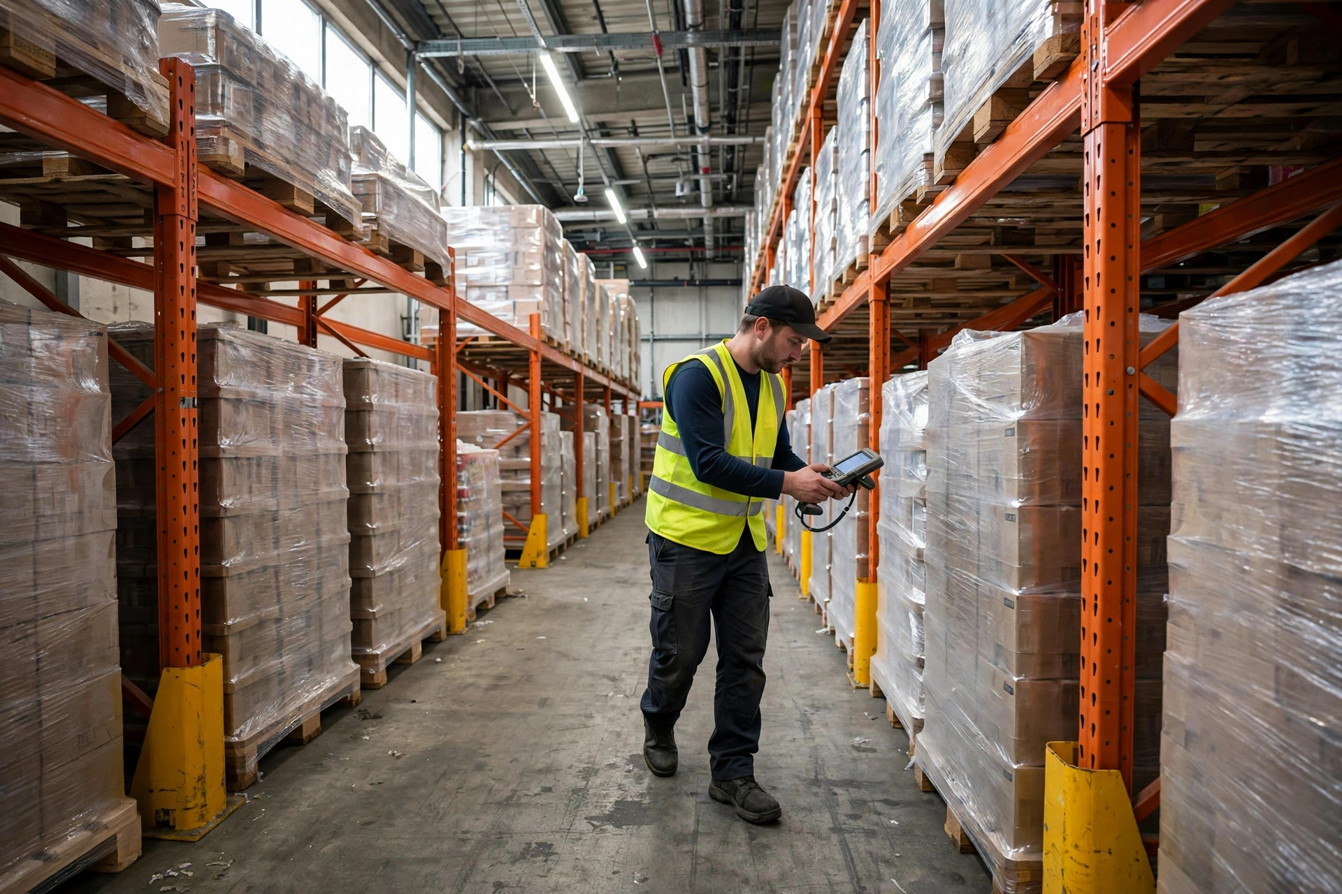 Superviseur d'entrepôt vérifiant des marchandises au PDA dans l'allée de racks