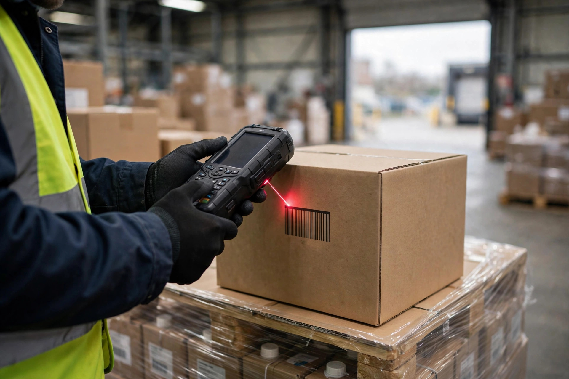Warehouse worker scanning cartons with a handheld terminal at the receiving dock