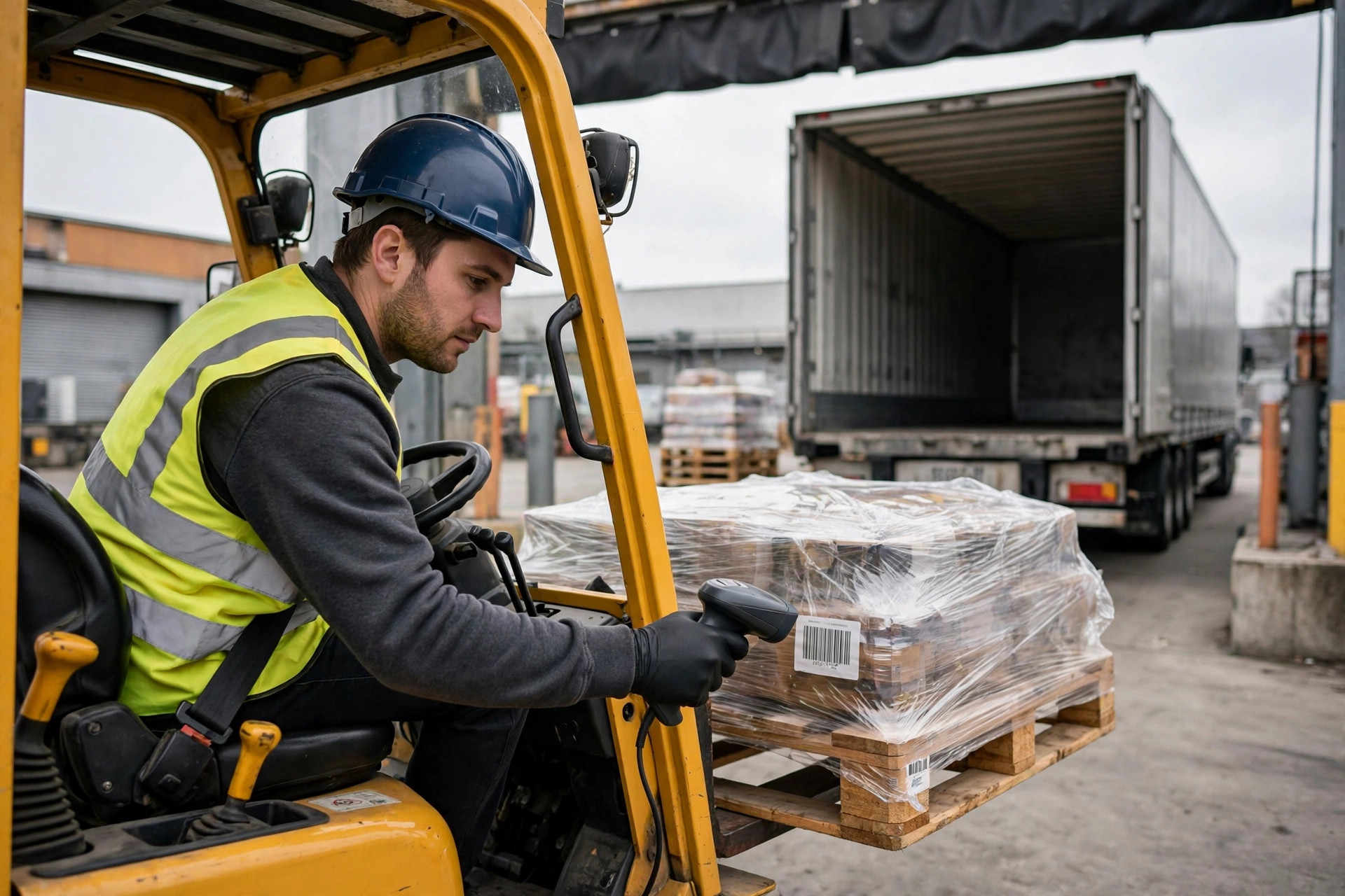 Forklift driver scanning a pallet barcode at a receiving dock