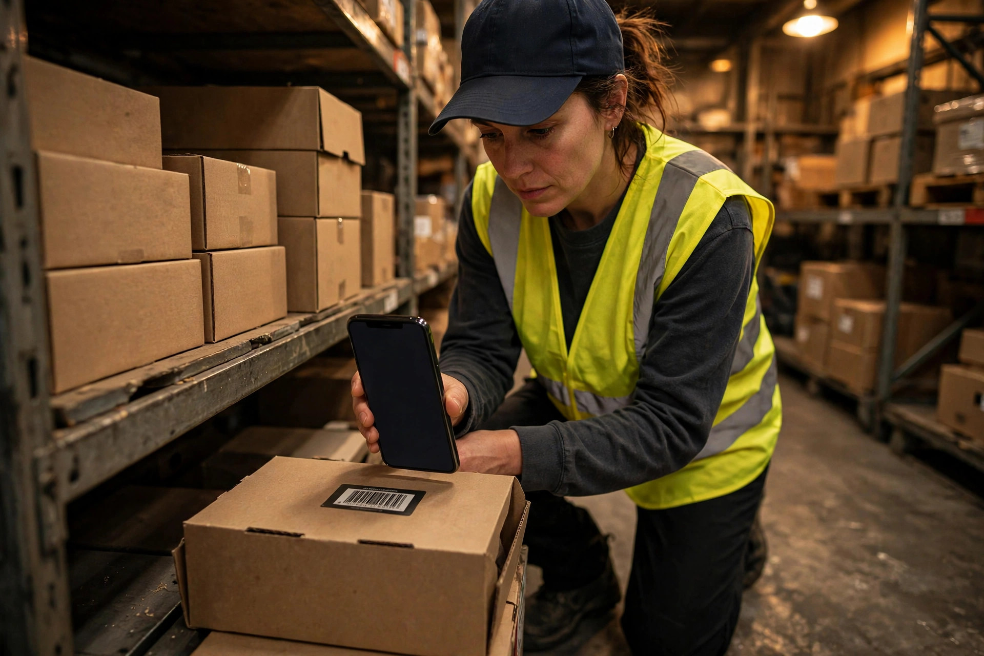 Un operario de almacén pequeño escaneando el código de barras de una caja con un smartphone