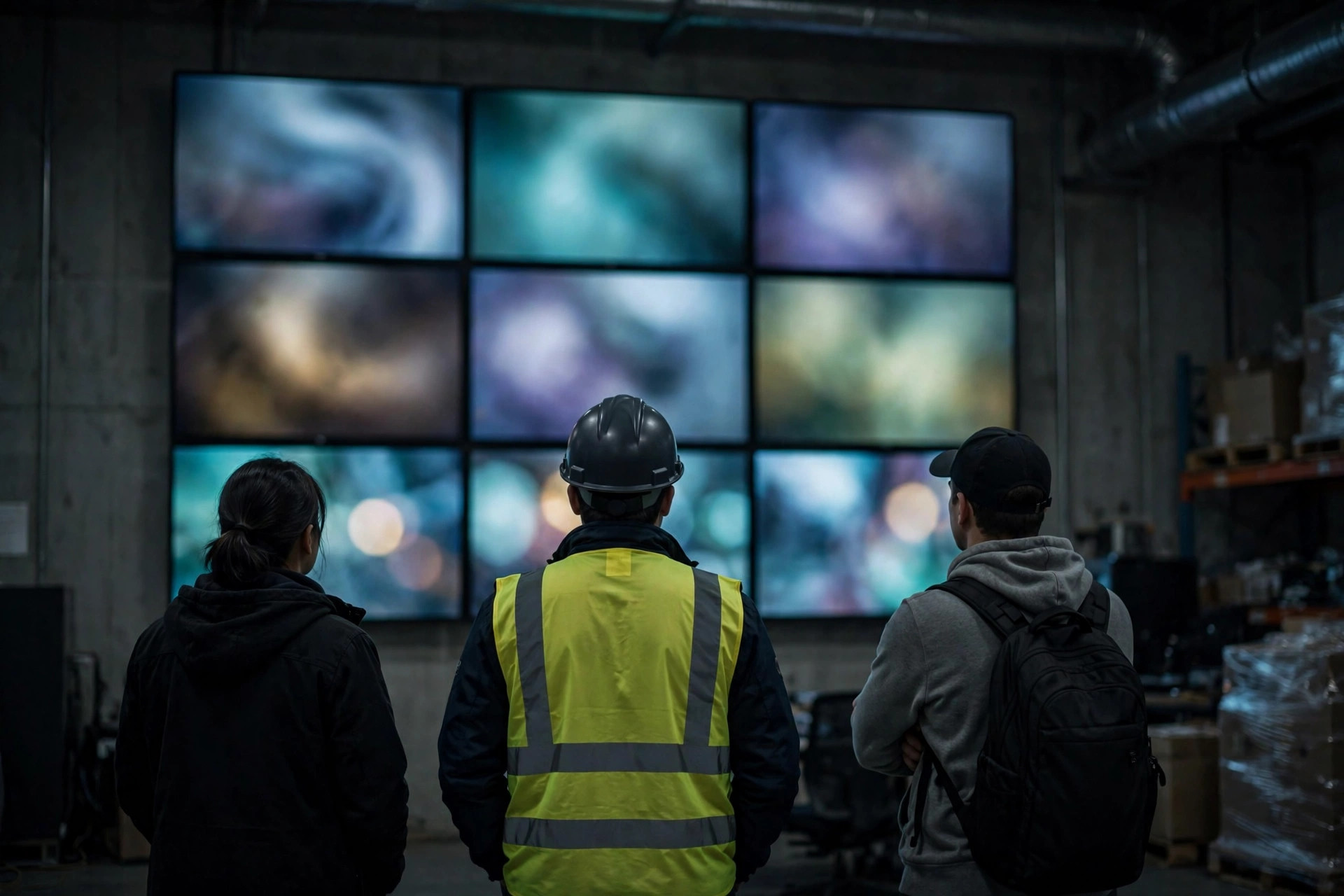 Engineers at work in a warehouse control room