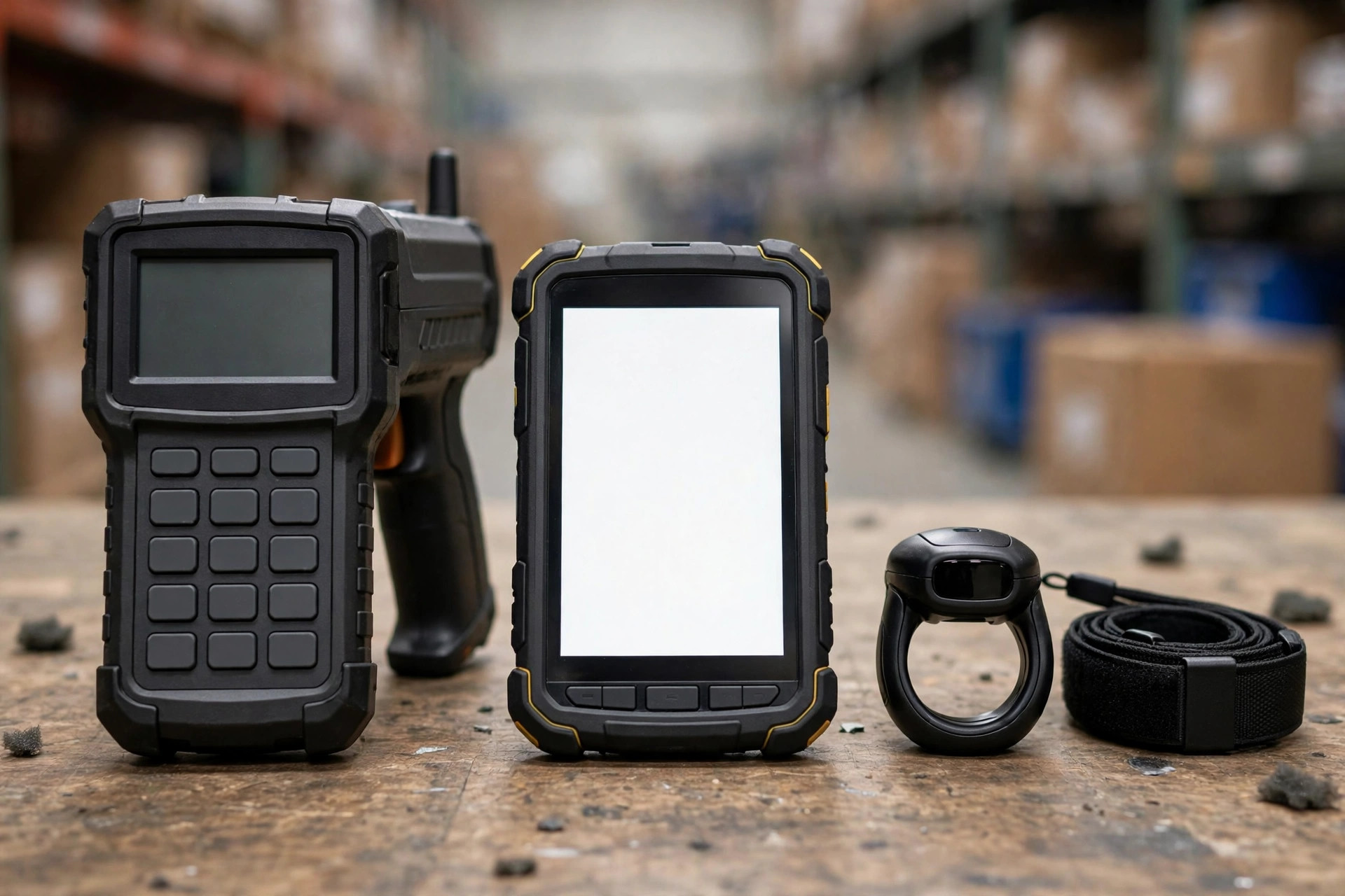 Three terminals on a warehouse workbench: RF gun, smartphone PDA, ring scanner