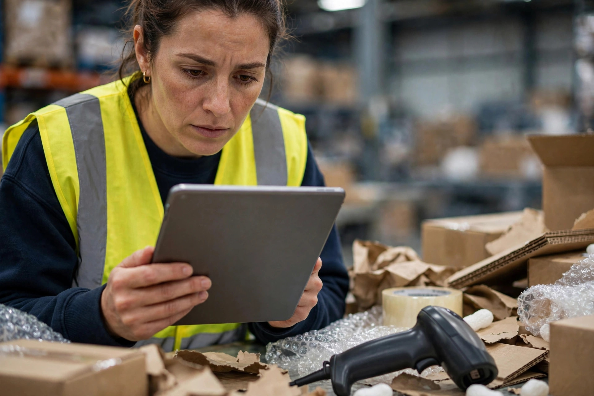 Warehouse worker troubleshooting a system issue on a tablet at a packing station