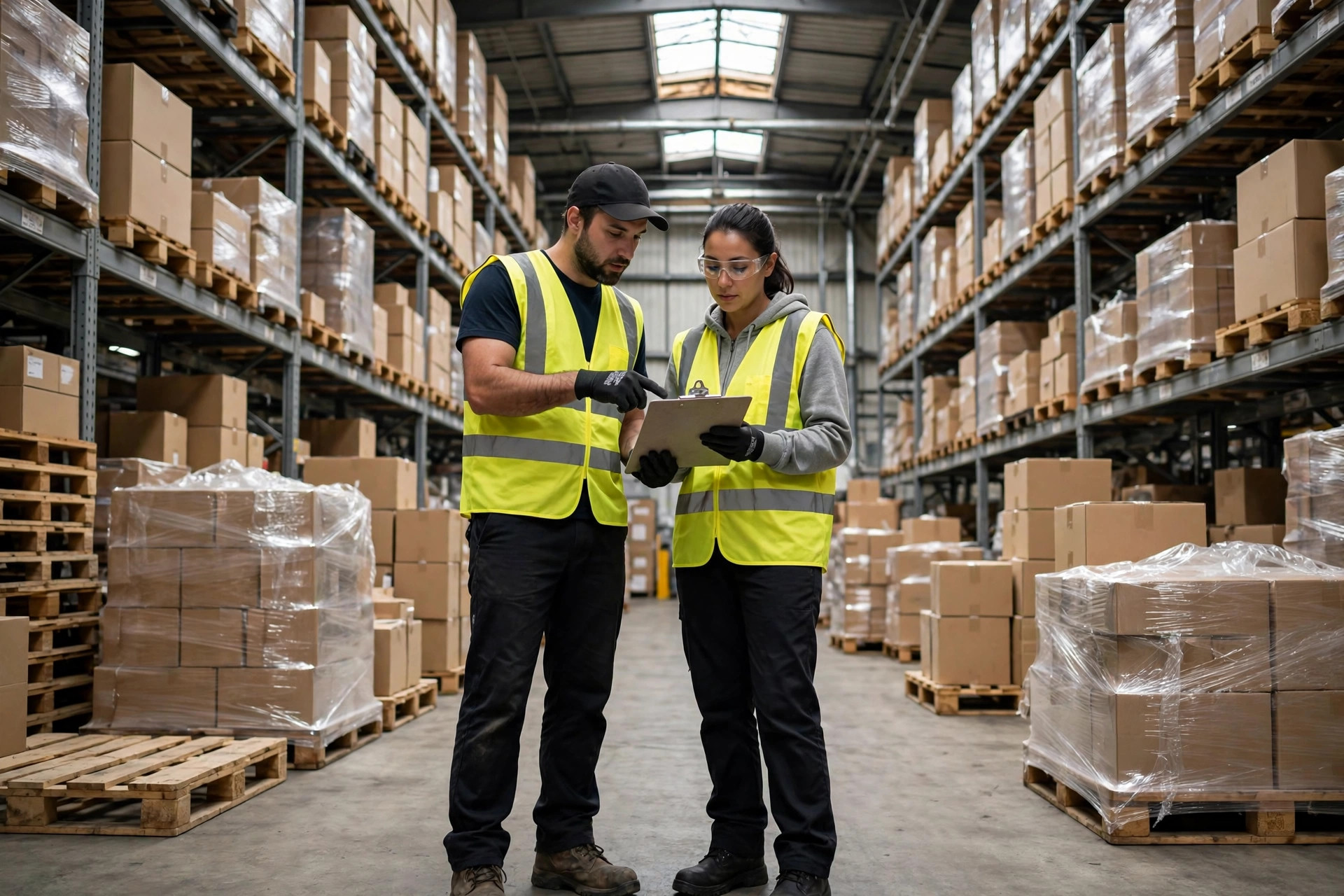 Warehouse workers checking inventory with handheld scanners