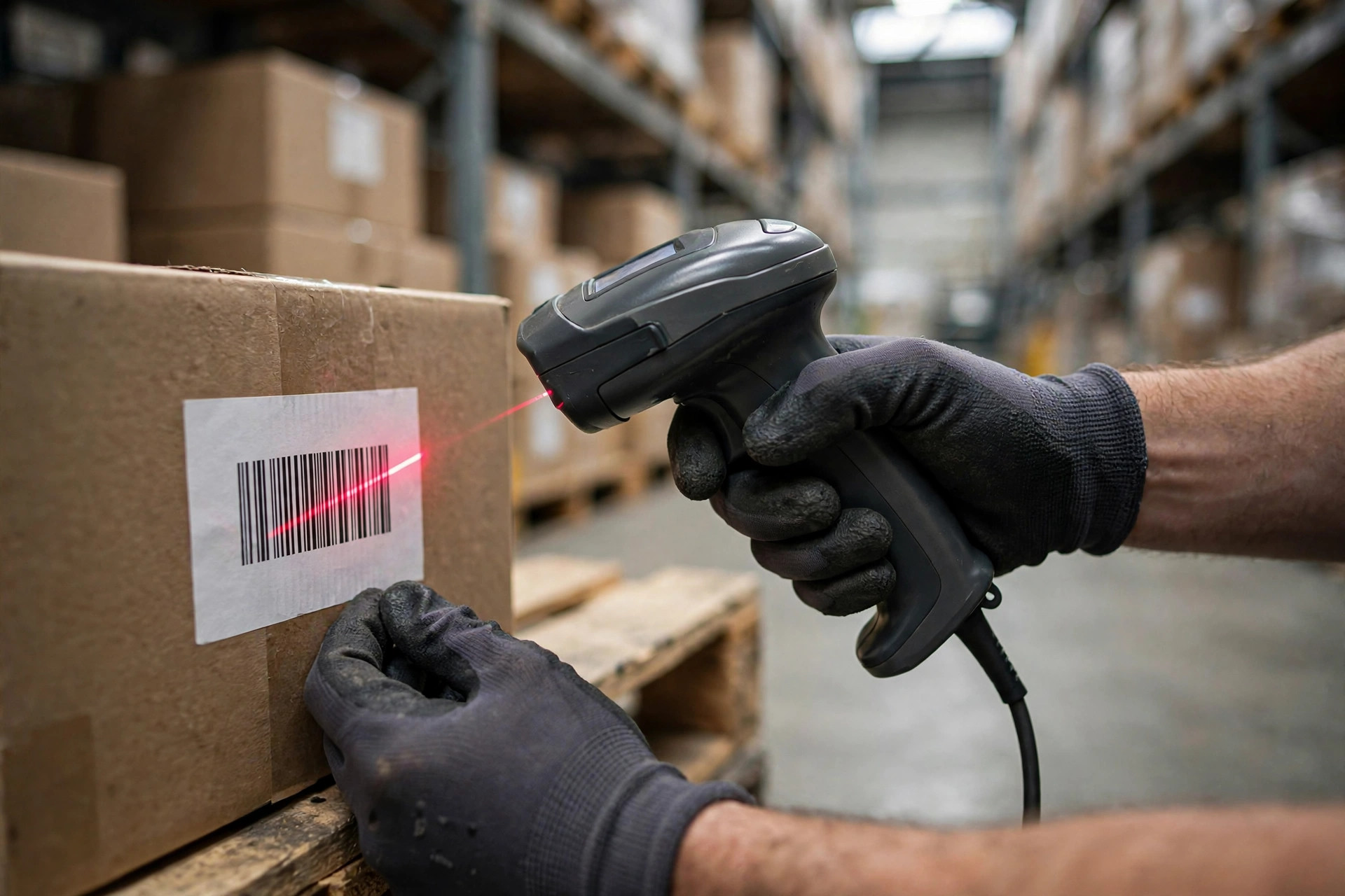 Warehouse worker scanning with a handheld terminal