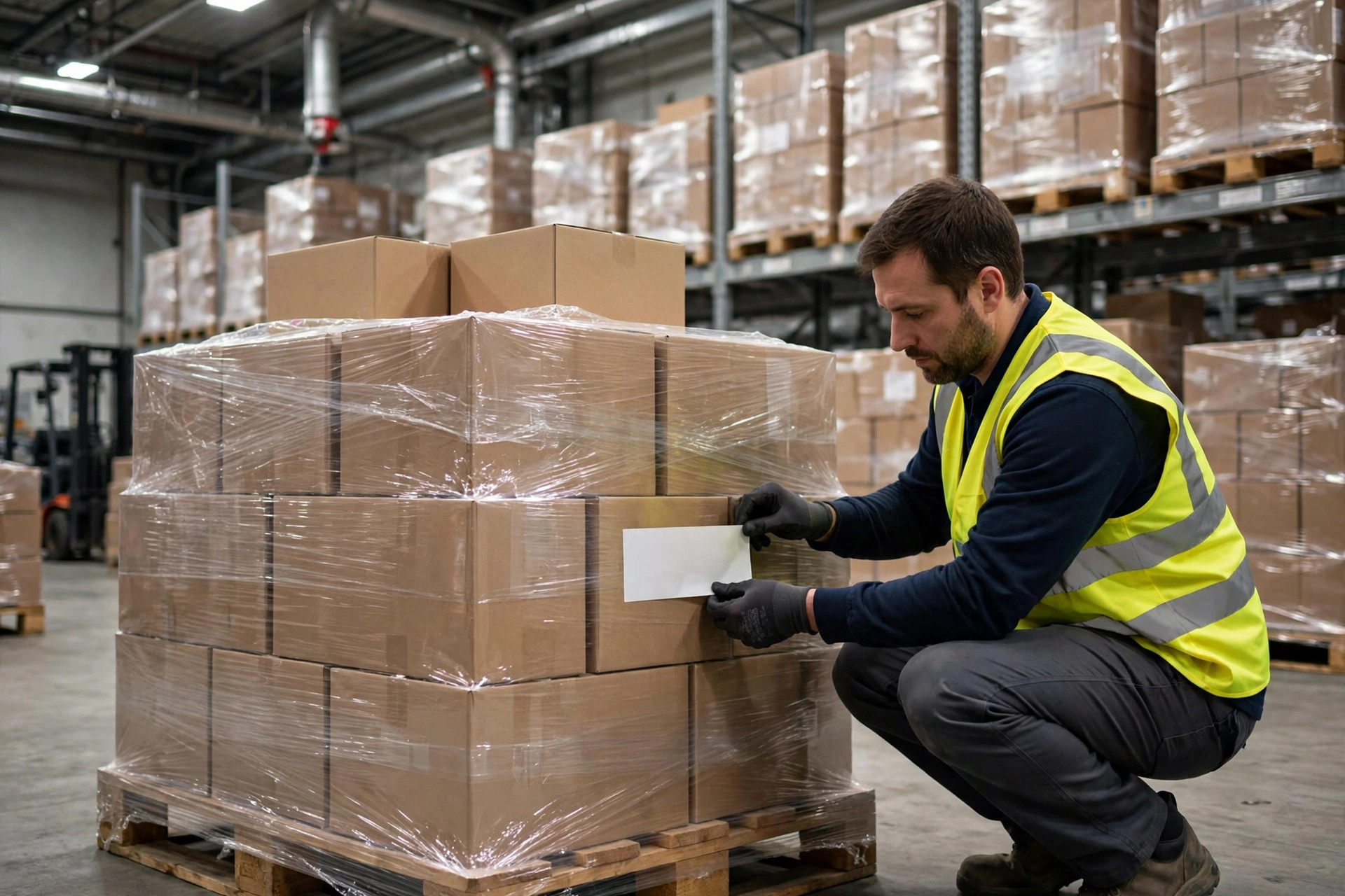 Shipping labels being printed at a warehouse packing station