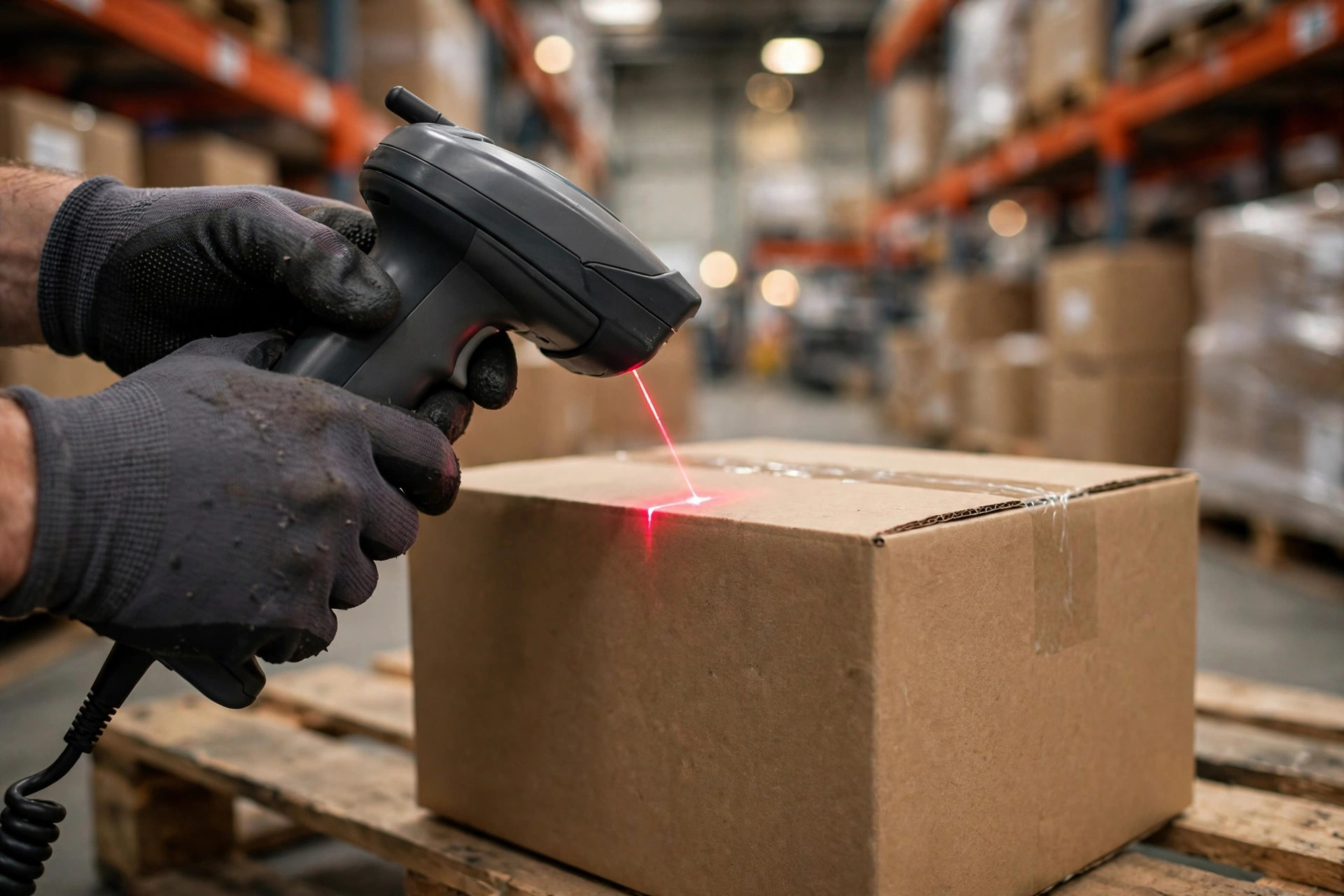 Recogepedidos escaneando cajas con pistola de RF en un pasillo de centro de distribución