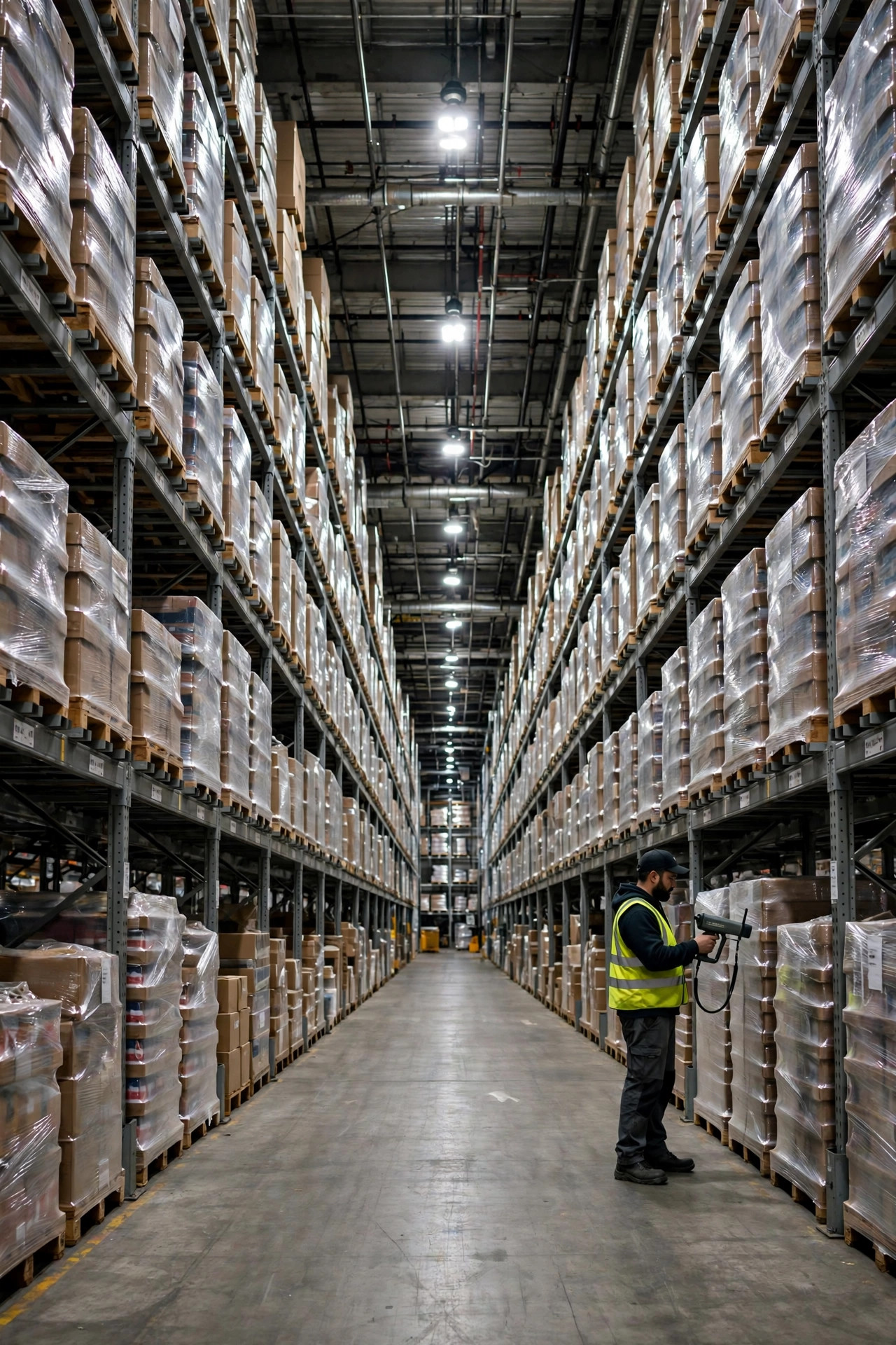 Préparateur avec lecteur RF travaillant dans une allée de racks en hauteur presque pleine