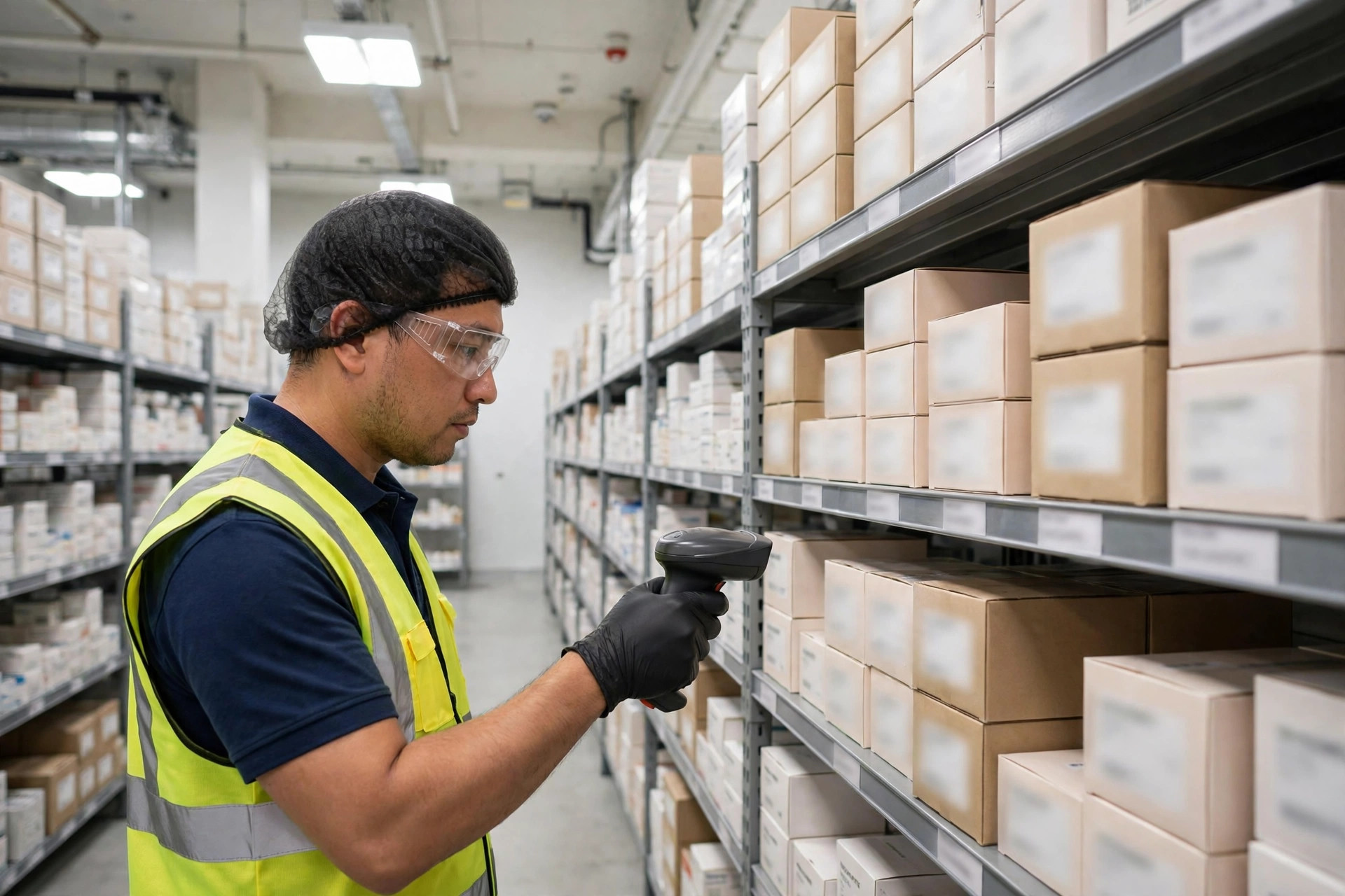 Worker scanning to verify lot and expiry in a pharmaceutical warehouse, labels blurred