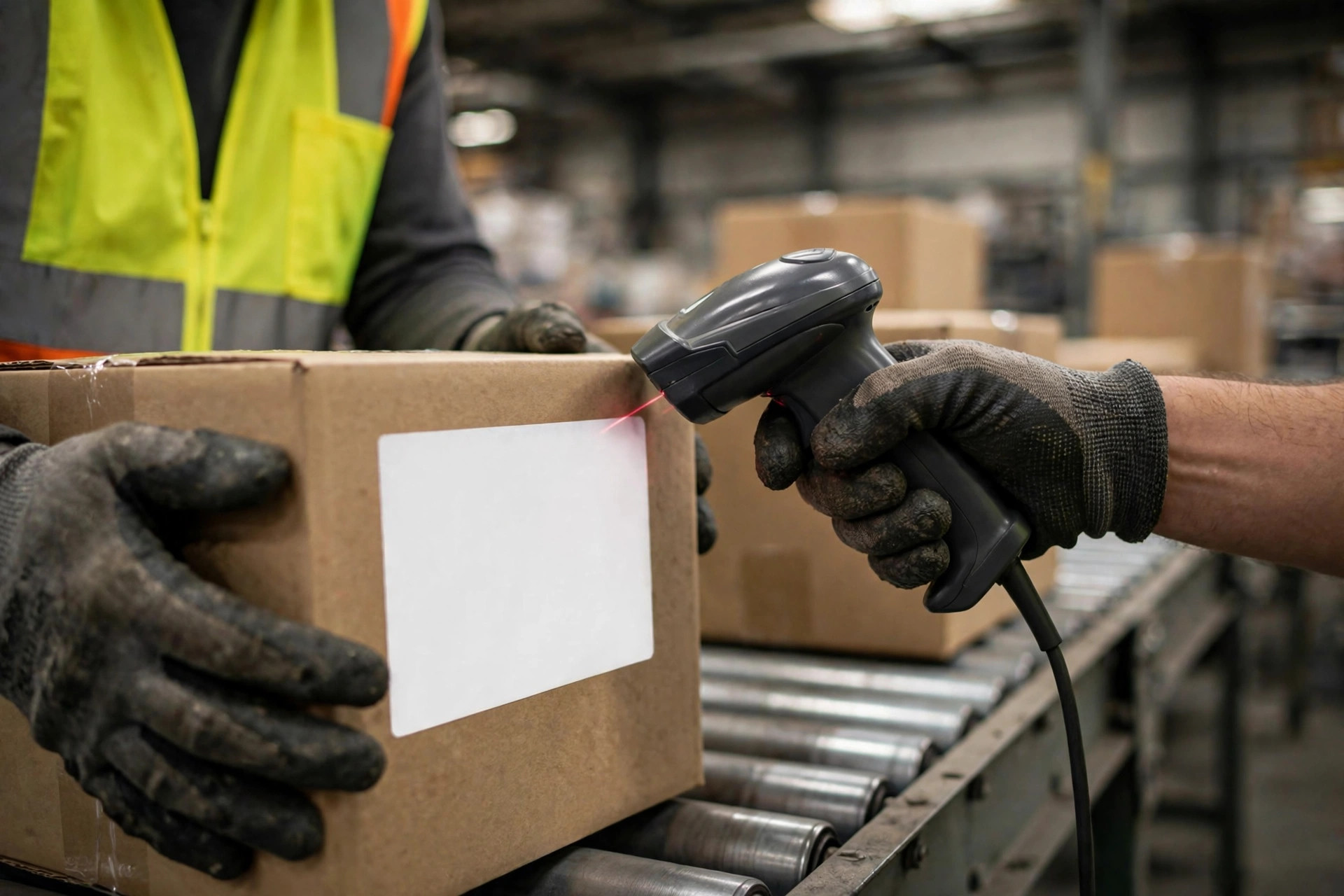 Close-up of a worker scanning a parcel shipping label