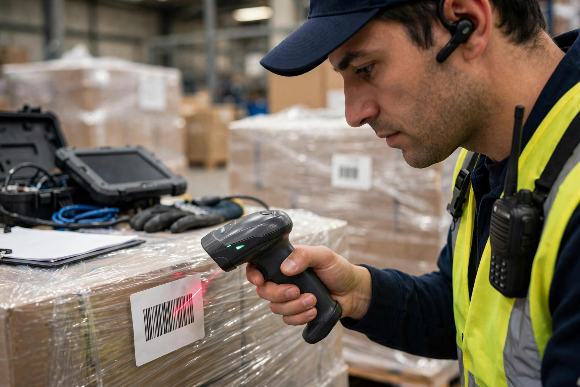 Trabajador de almacén escaneando un código de barras con un dispositivo portátil junto a etiquetas de pallet durante un corte de sistema