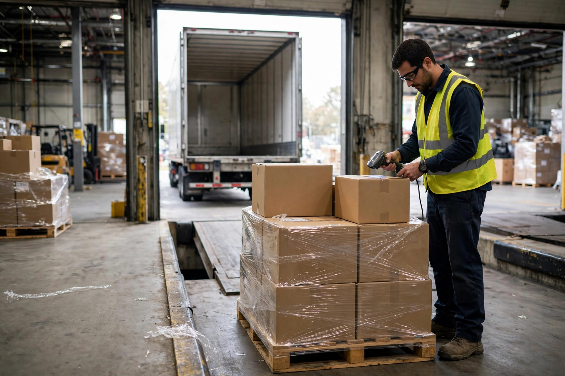 Receiving clerk scanning cartons with a PDA at the dock