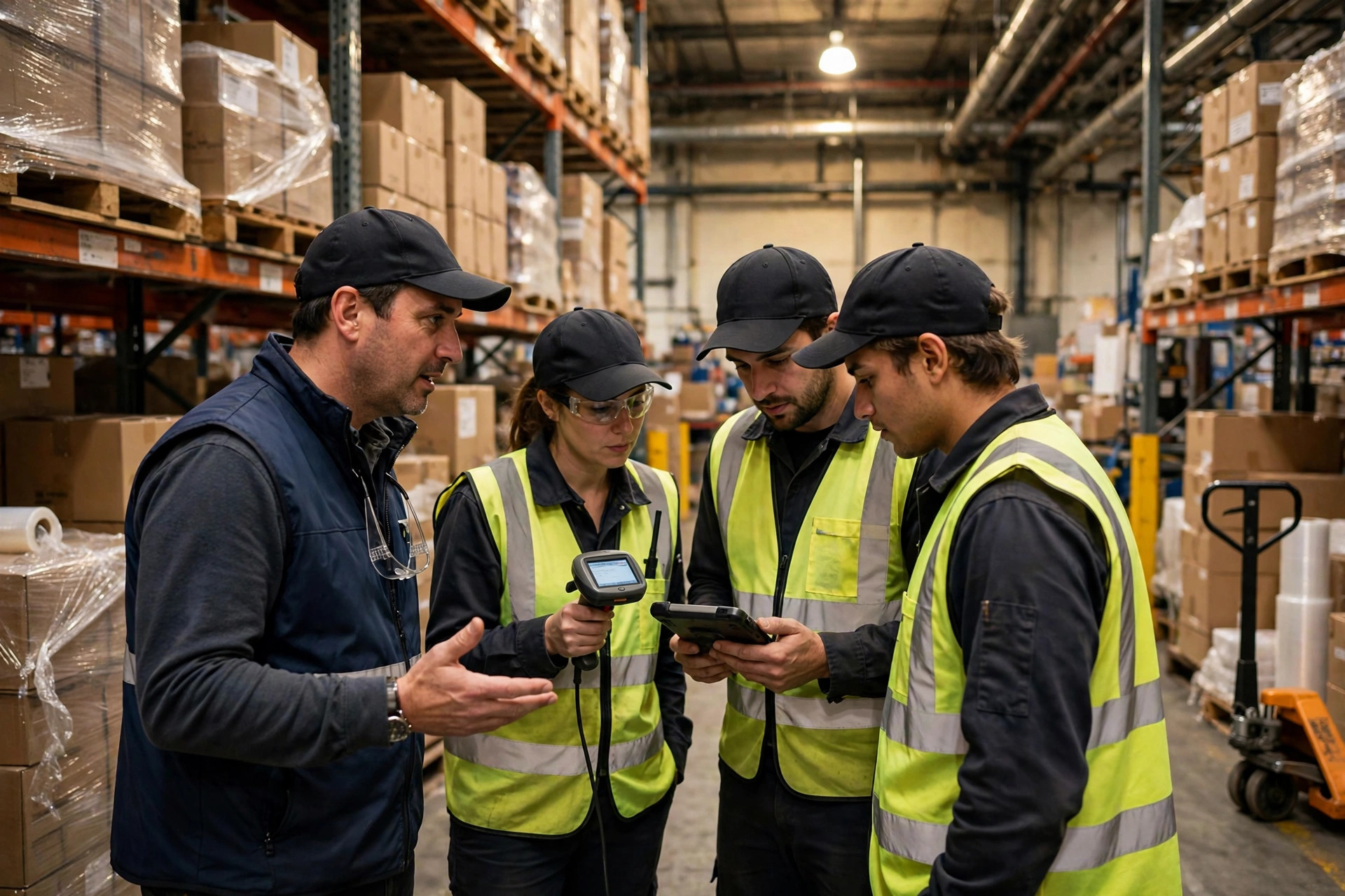 Supervisor de almacén revisando una prueba de WMS con el equipo en el pasillo