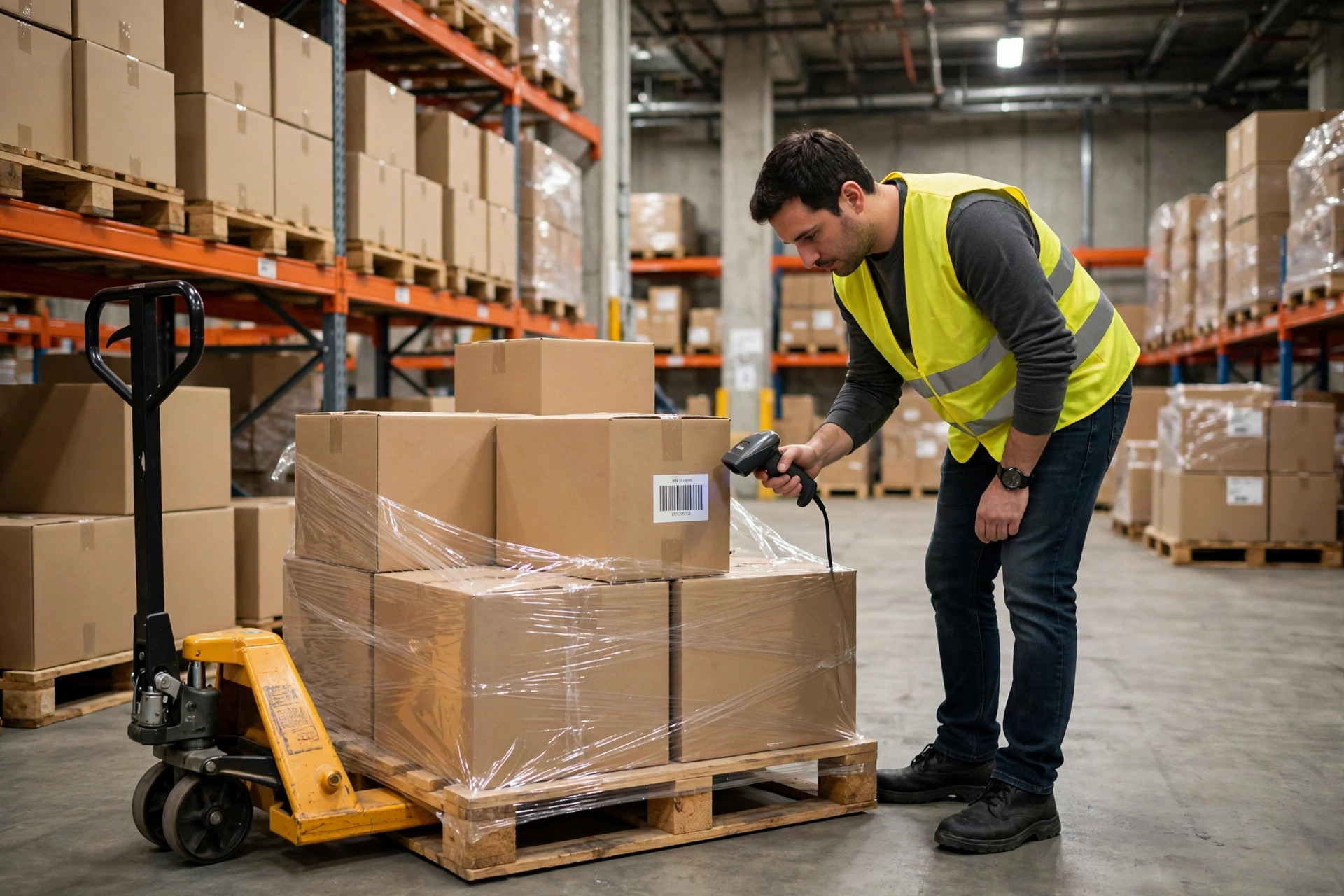 Employé d'entrepôt scannant une palette pendant la mise en stock