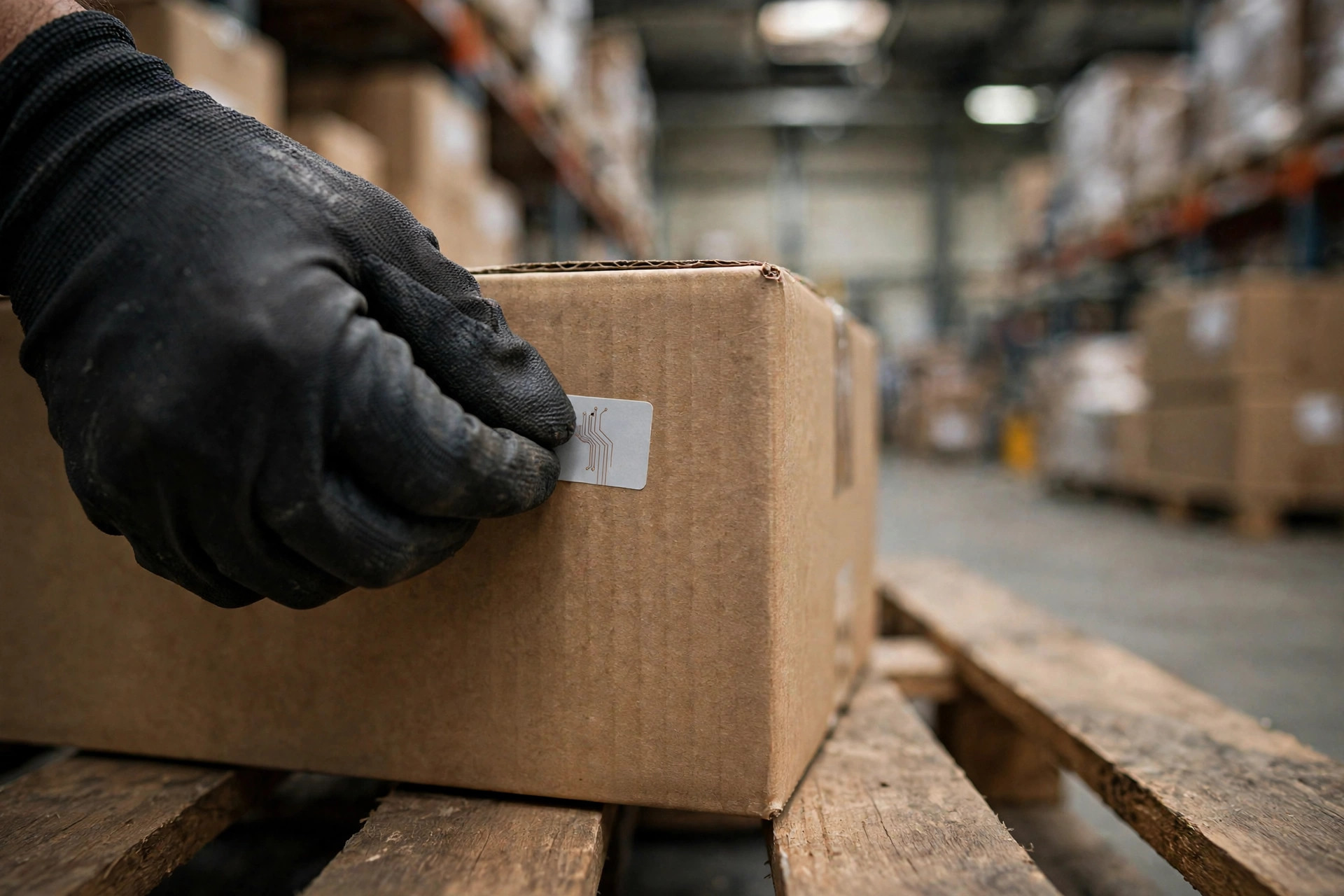 Forklift carrying a pallet through an RFID read portal at a warehouse dock door