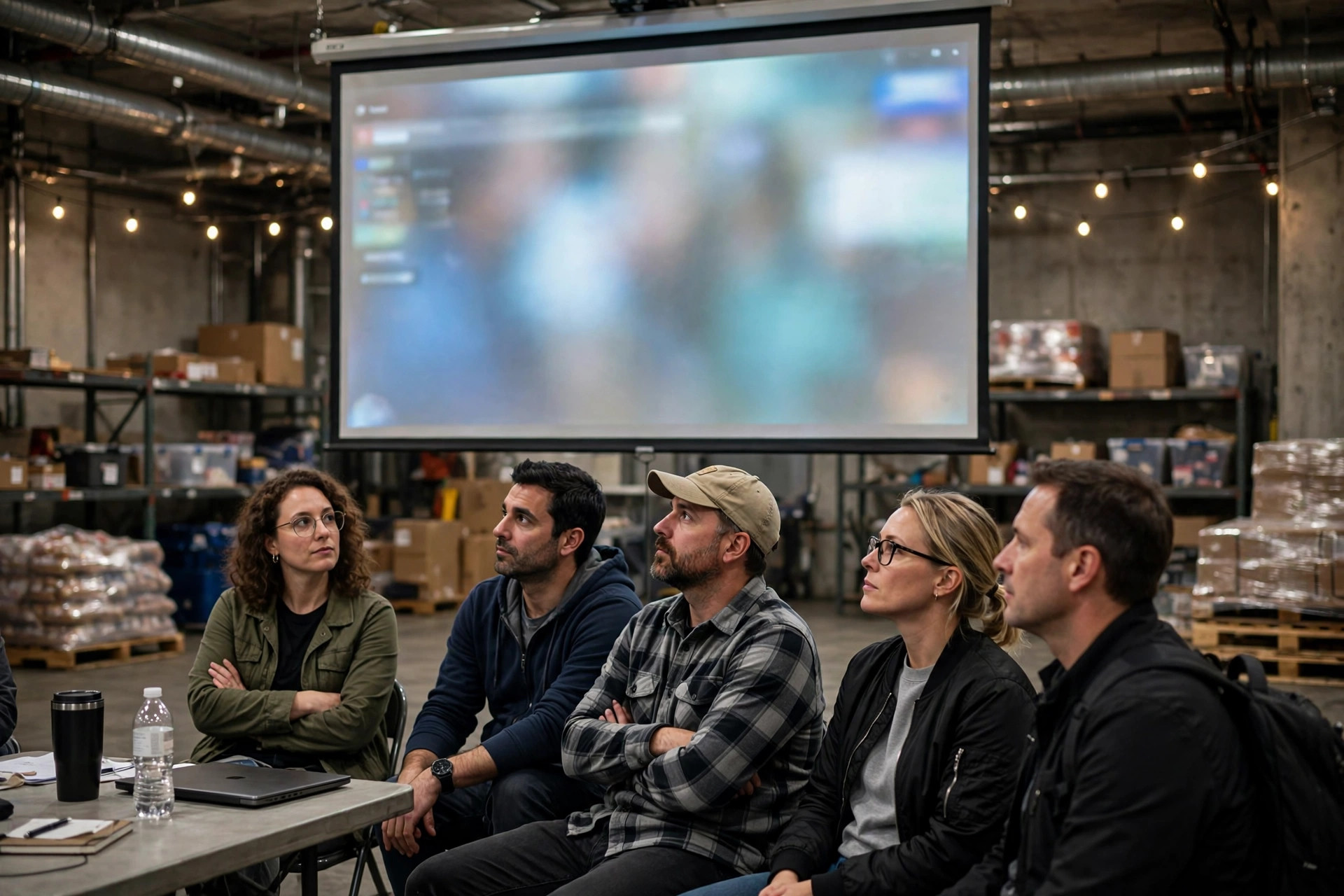 Vendor software demo on a projector screen in a warehouse meeting room, attendees watching