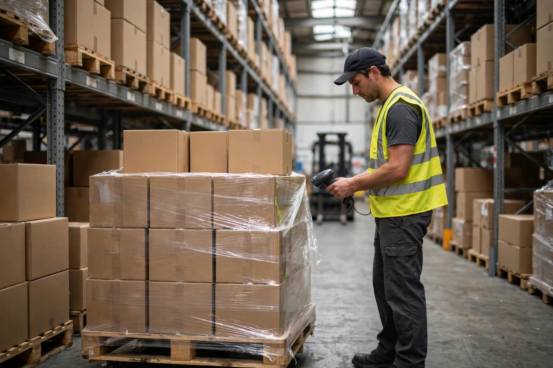 Un preparador de pedidos escaneando la etiqueta de un pallet con un lector portátil en un pasillo del almacén