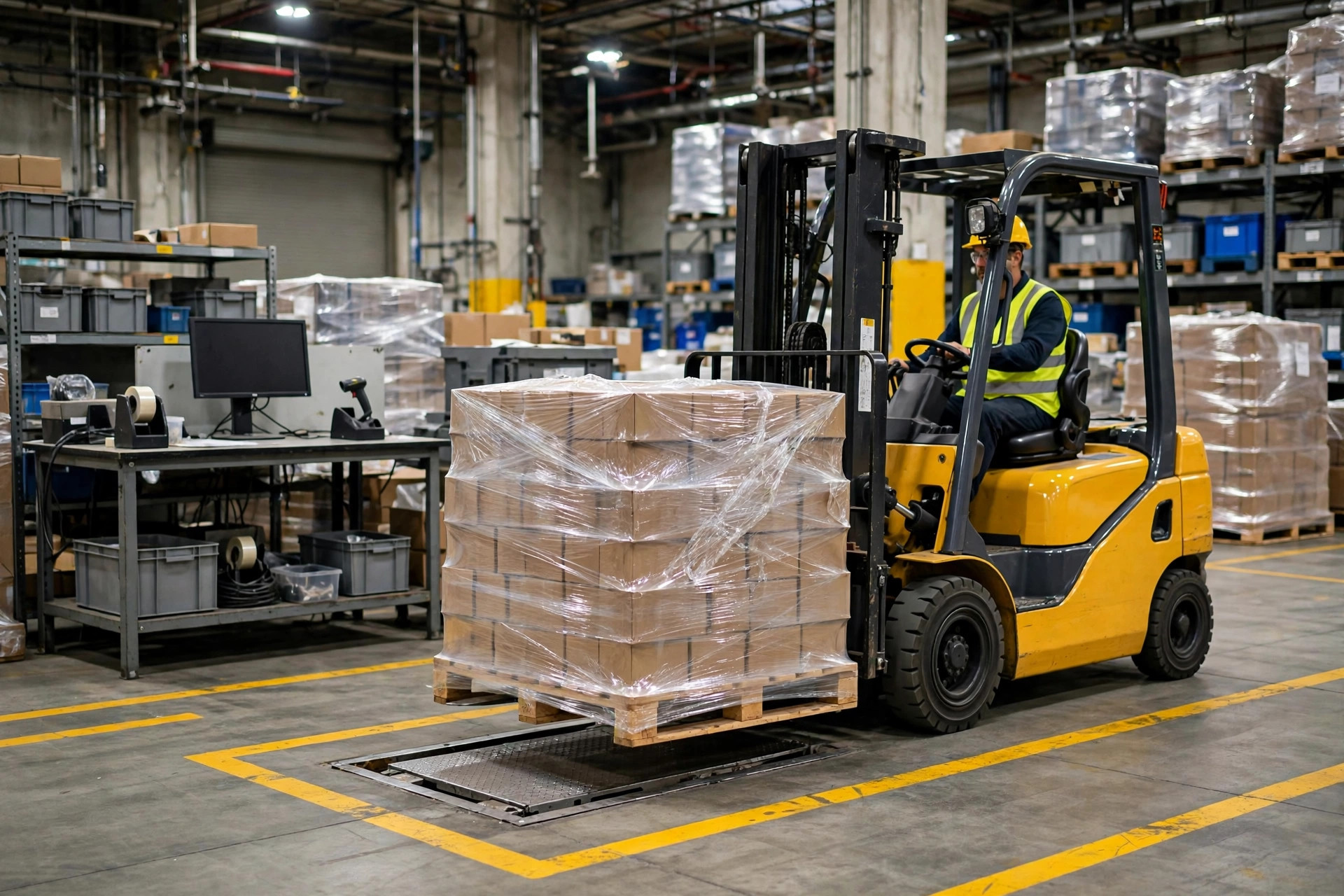 A pallet being weight-checked on a floor scale in the receiving area