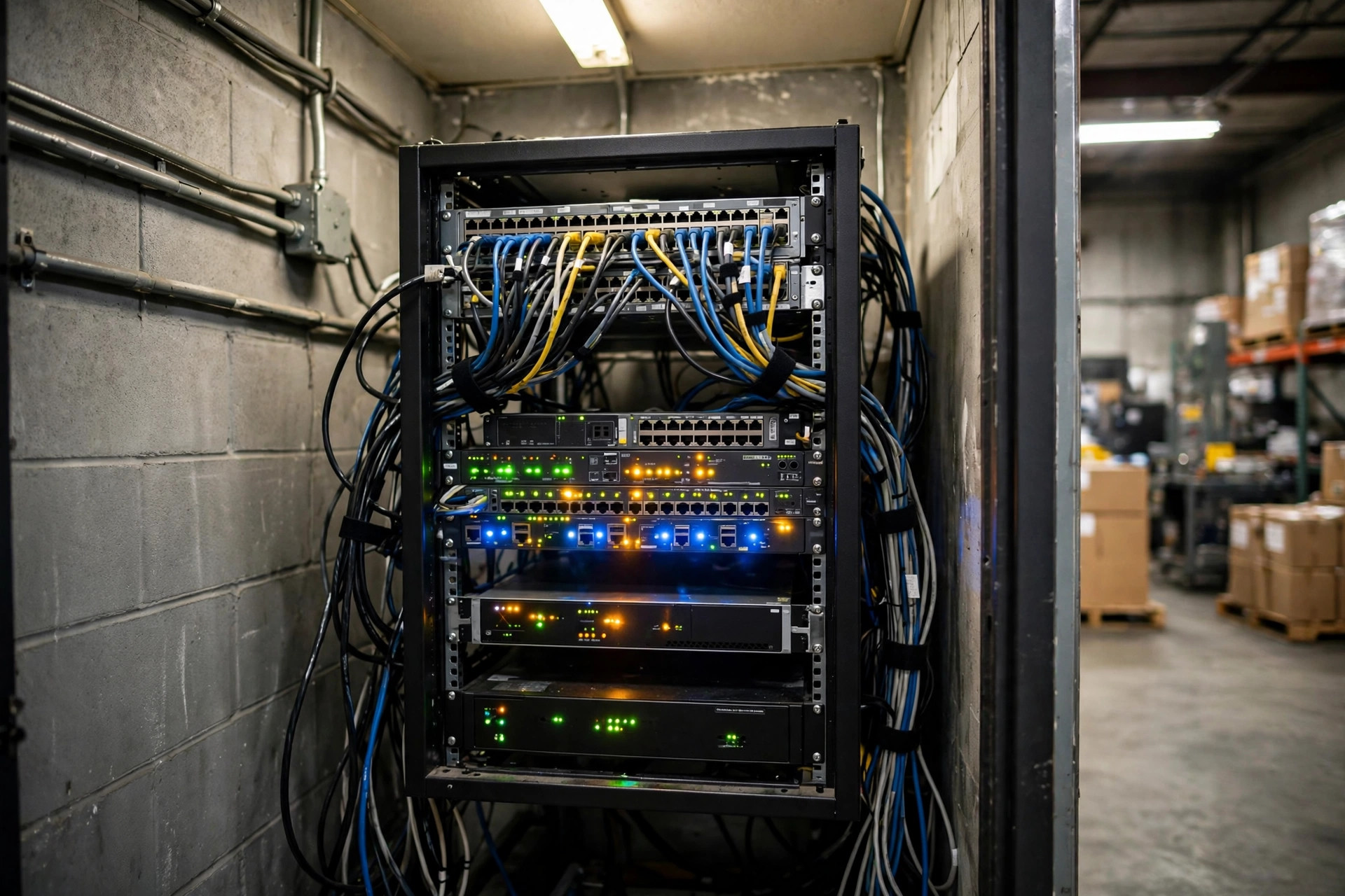 Server rack with blinking lights in a warehouse IT closet