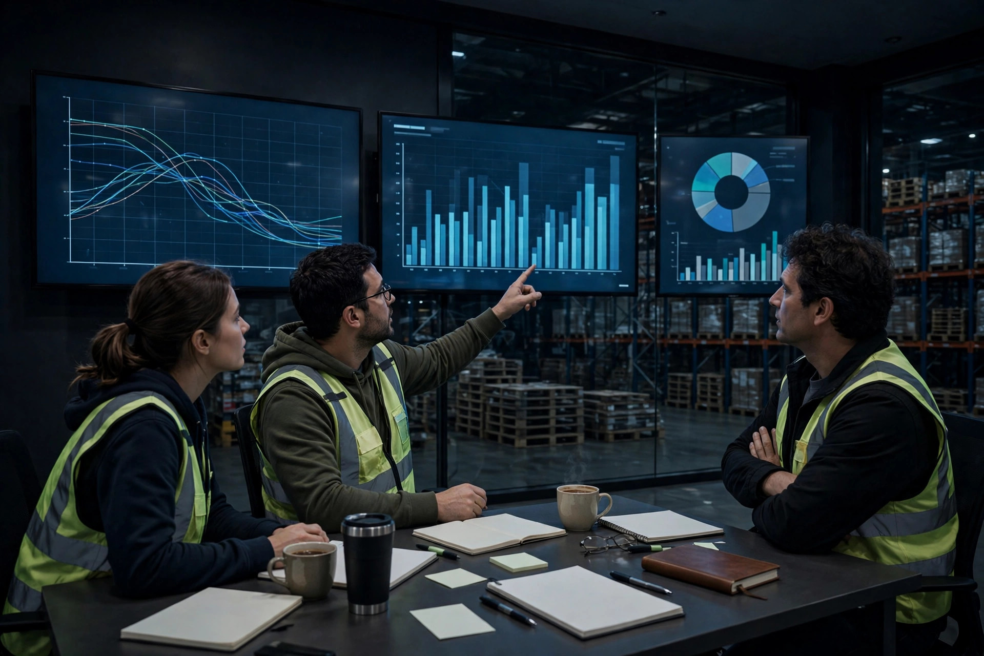 Engineers in a warehouse control room reviewing data on large screens during a night cutover