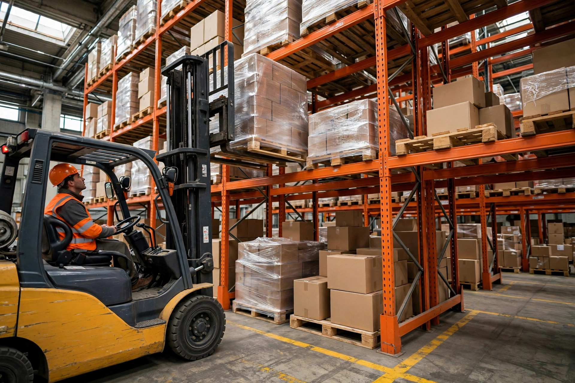 Forklift retrieving a pallet from racking
