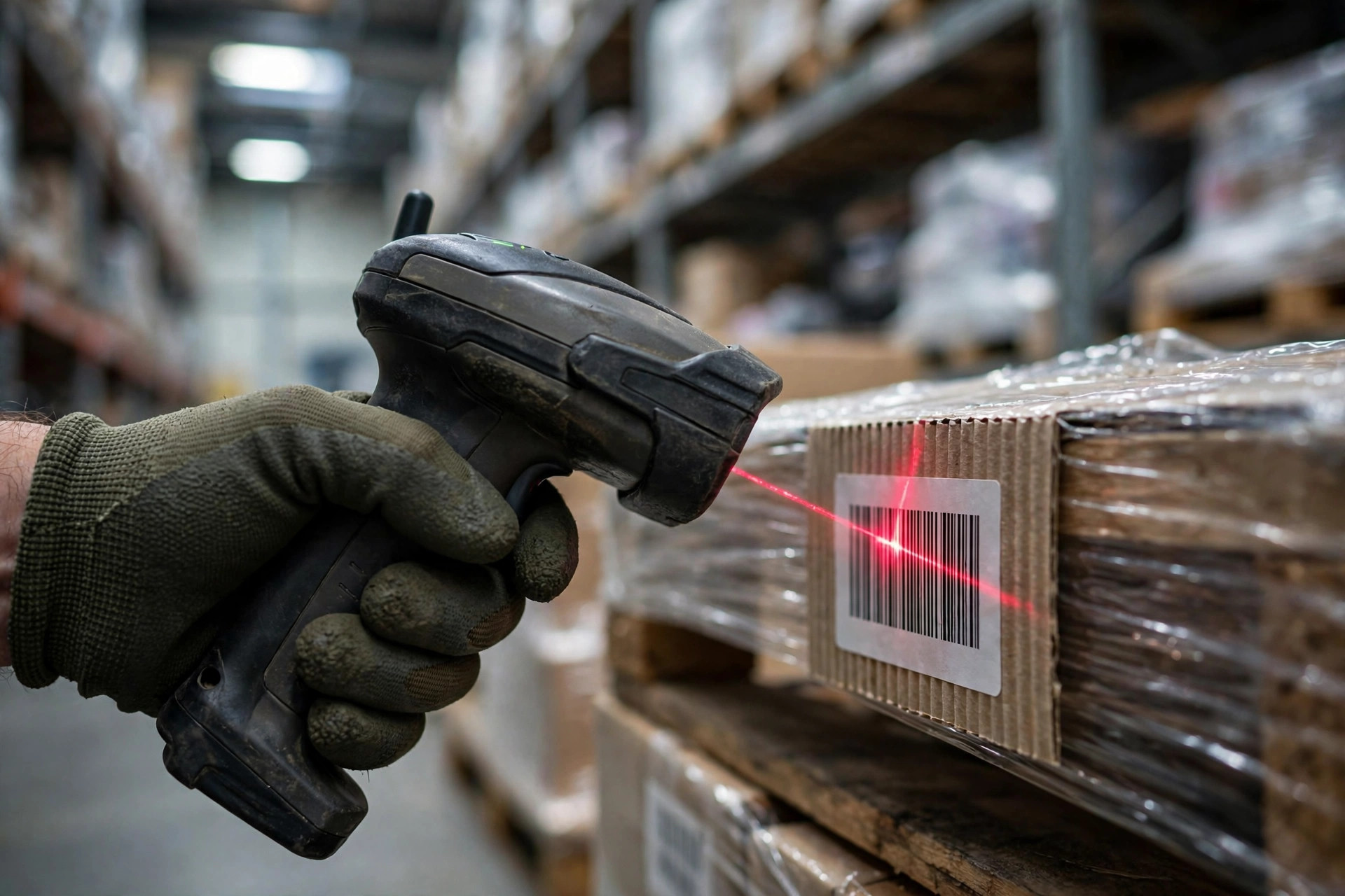 Un operario de almacén escaneando la etiqueta de un pallet con una pistola RF frente a estanterías altas