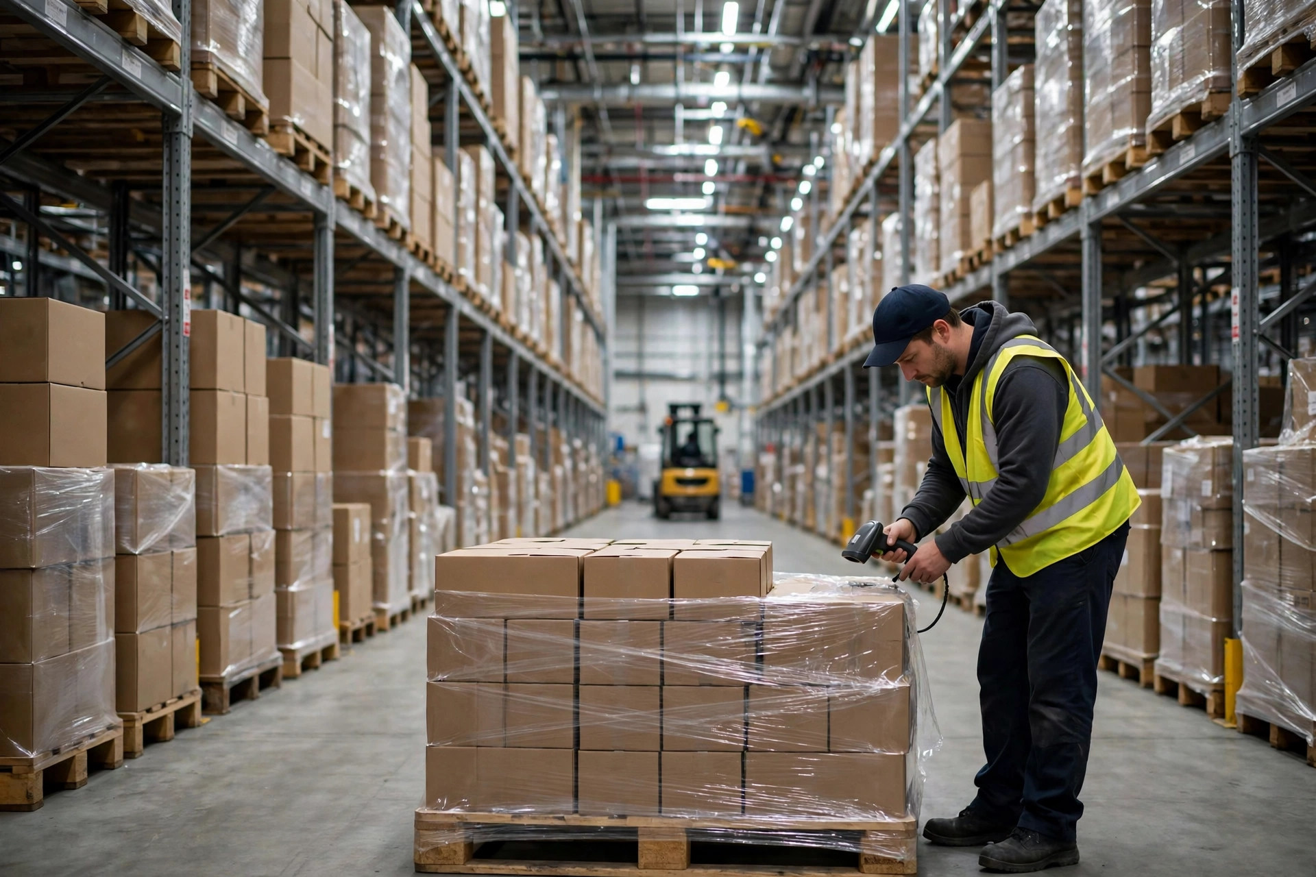 Warehouse worker scanning a pallet barcode with a handheld terminal