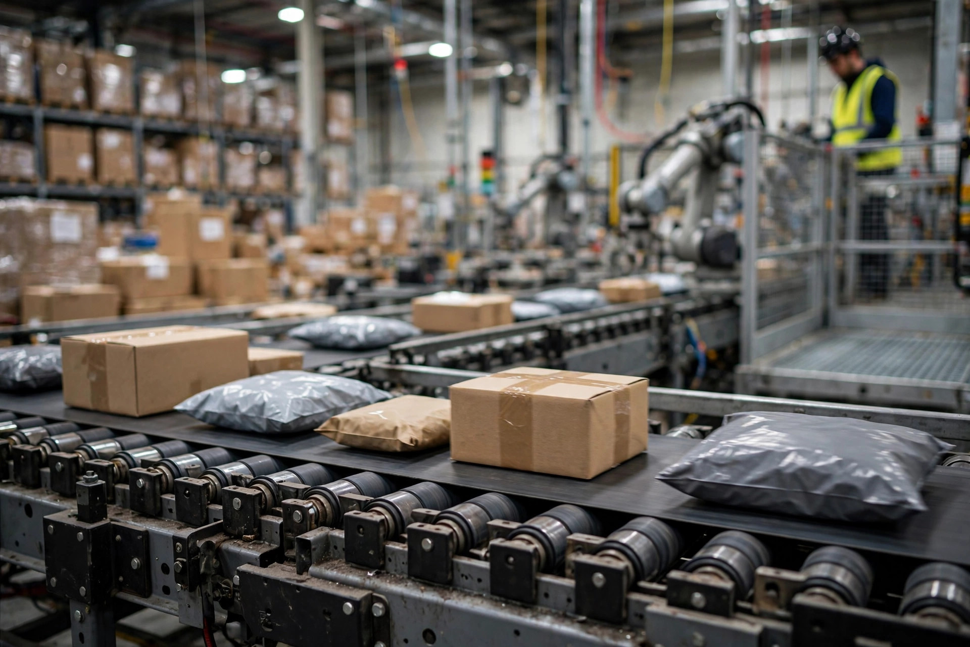 Automated warehouse control room with conveyor lines