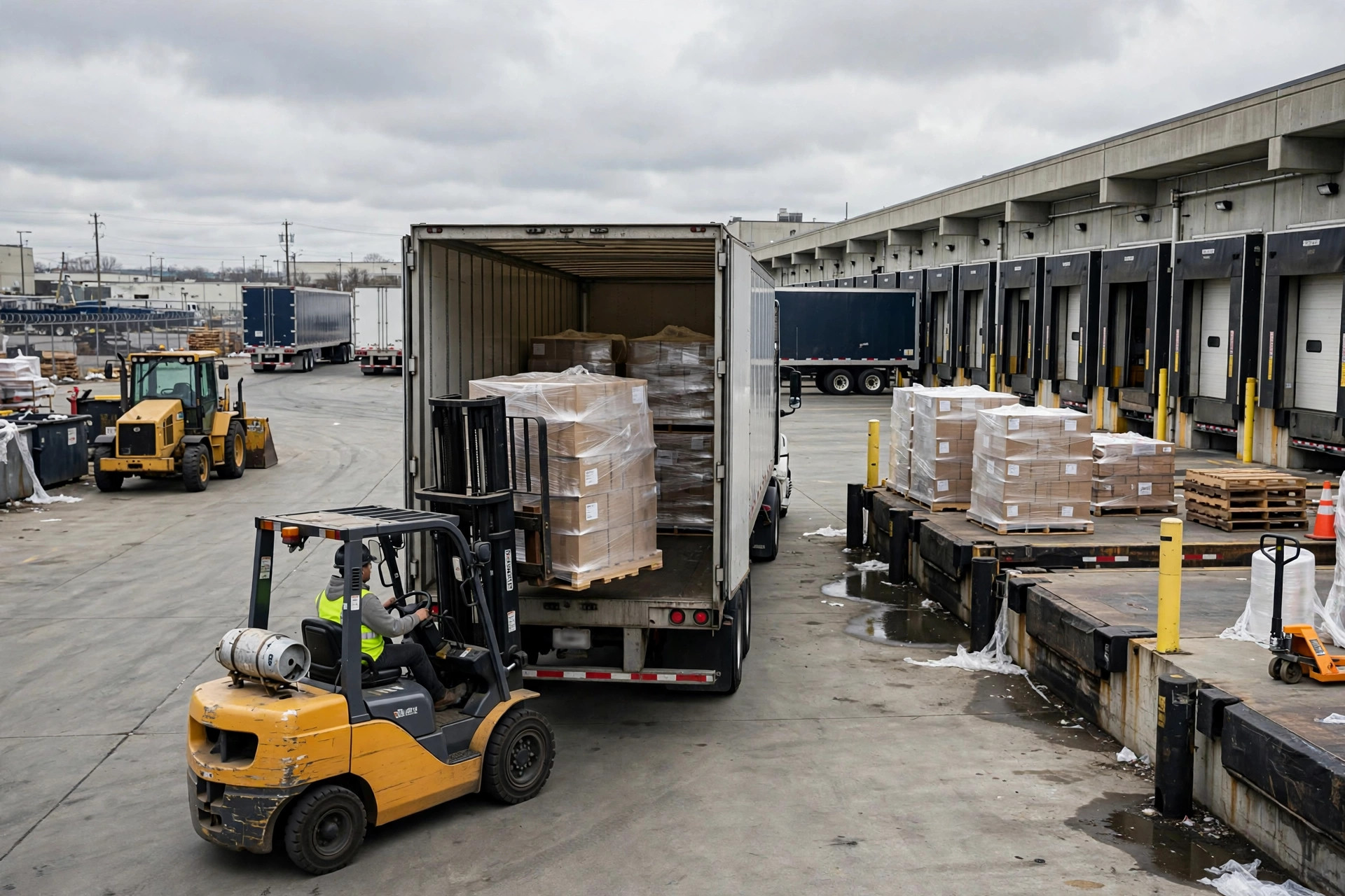 Forklift loading pallets into a milk-run trailer at a supplier dock