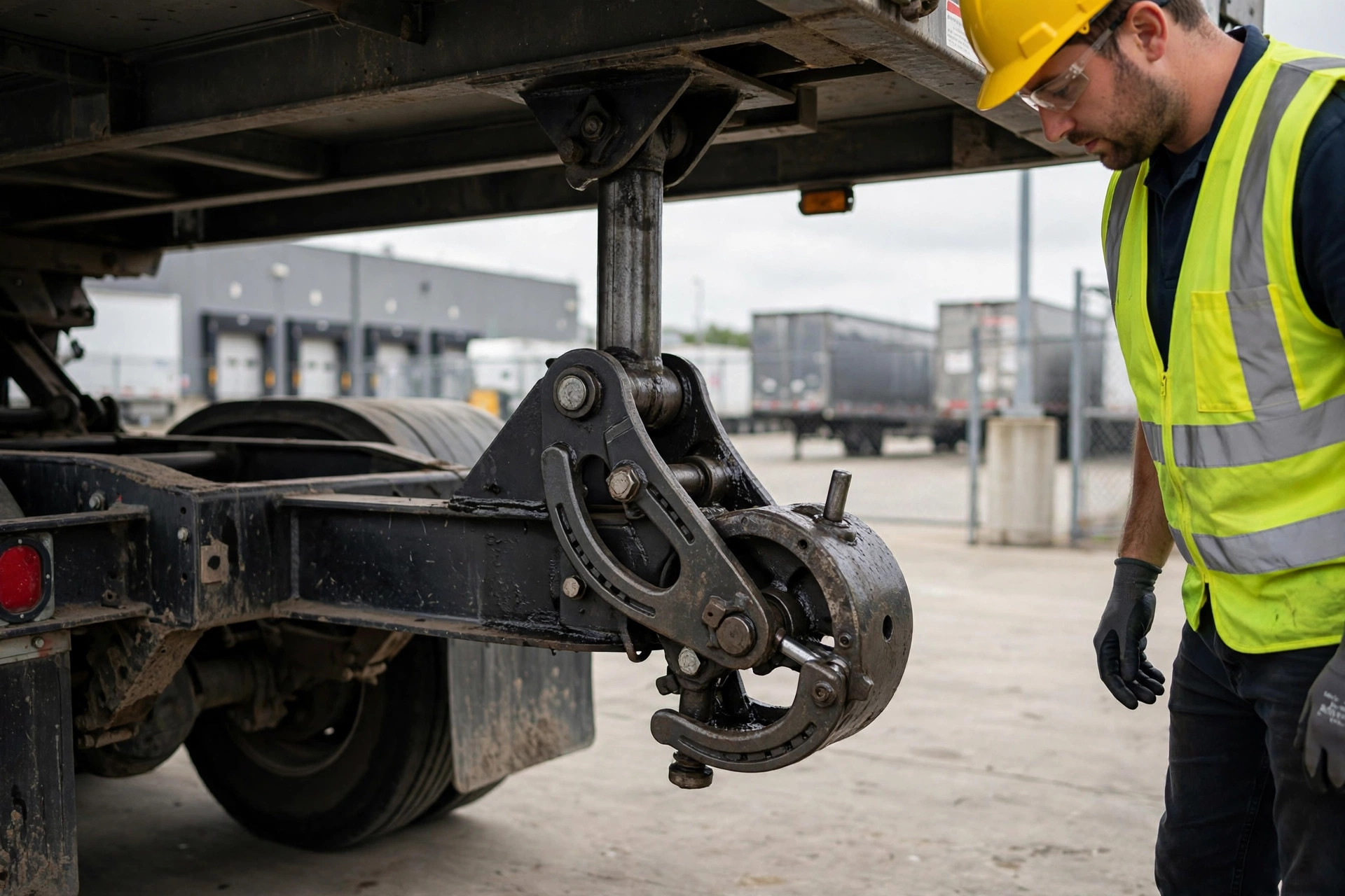 A spotter truck coupling its hydraulic fifth wheel to a 53-foot trailer in a distribution yard
