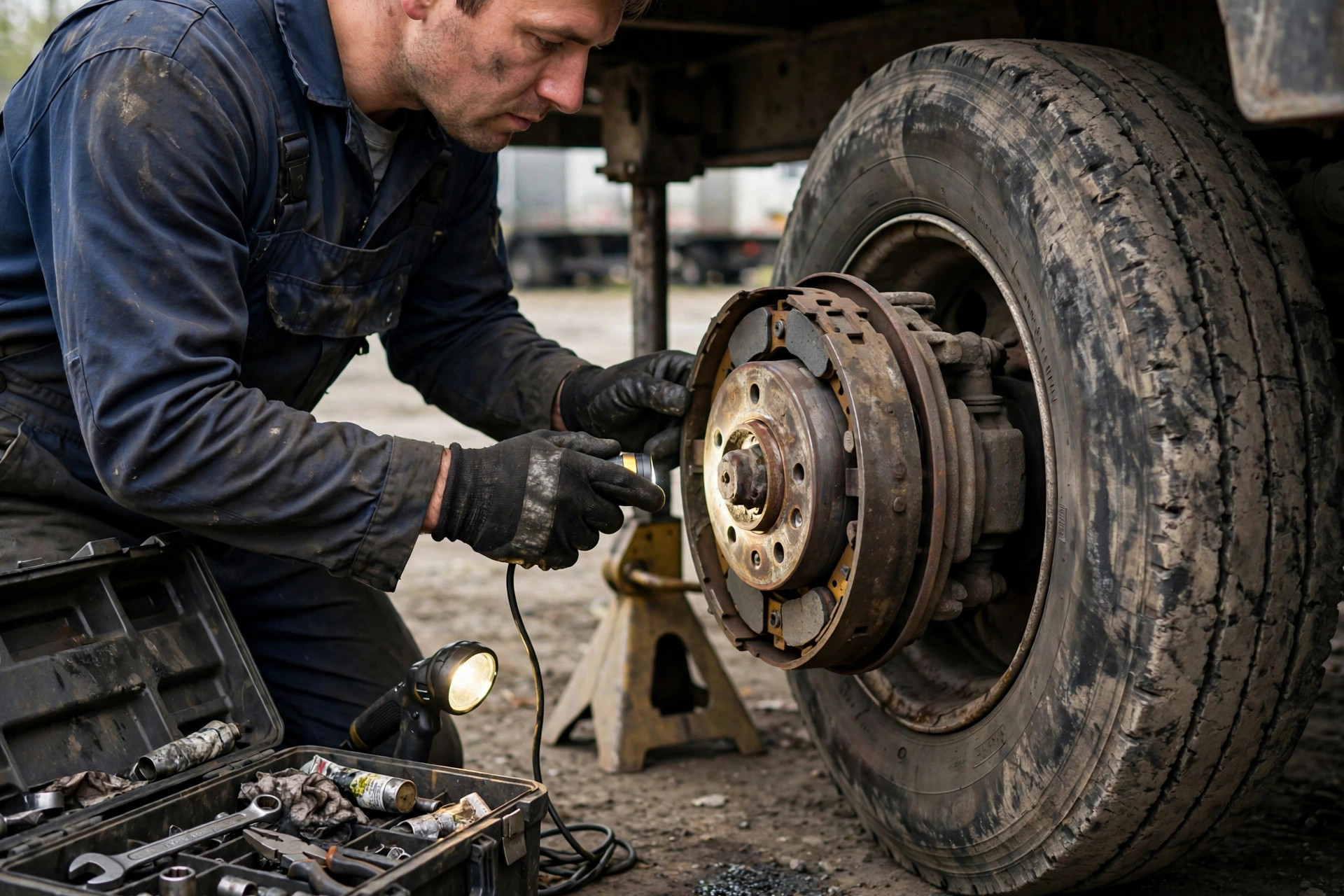 Mechanic inspecting trailer brakes and tires