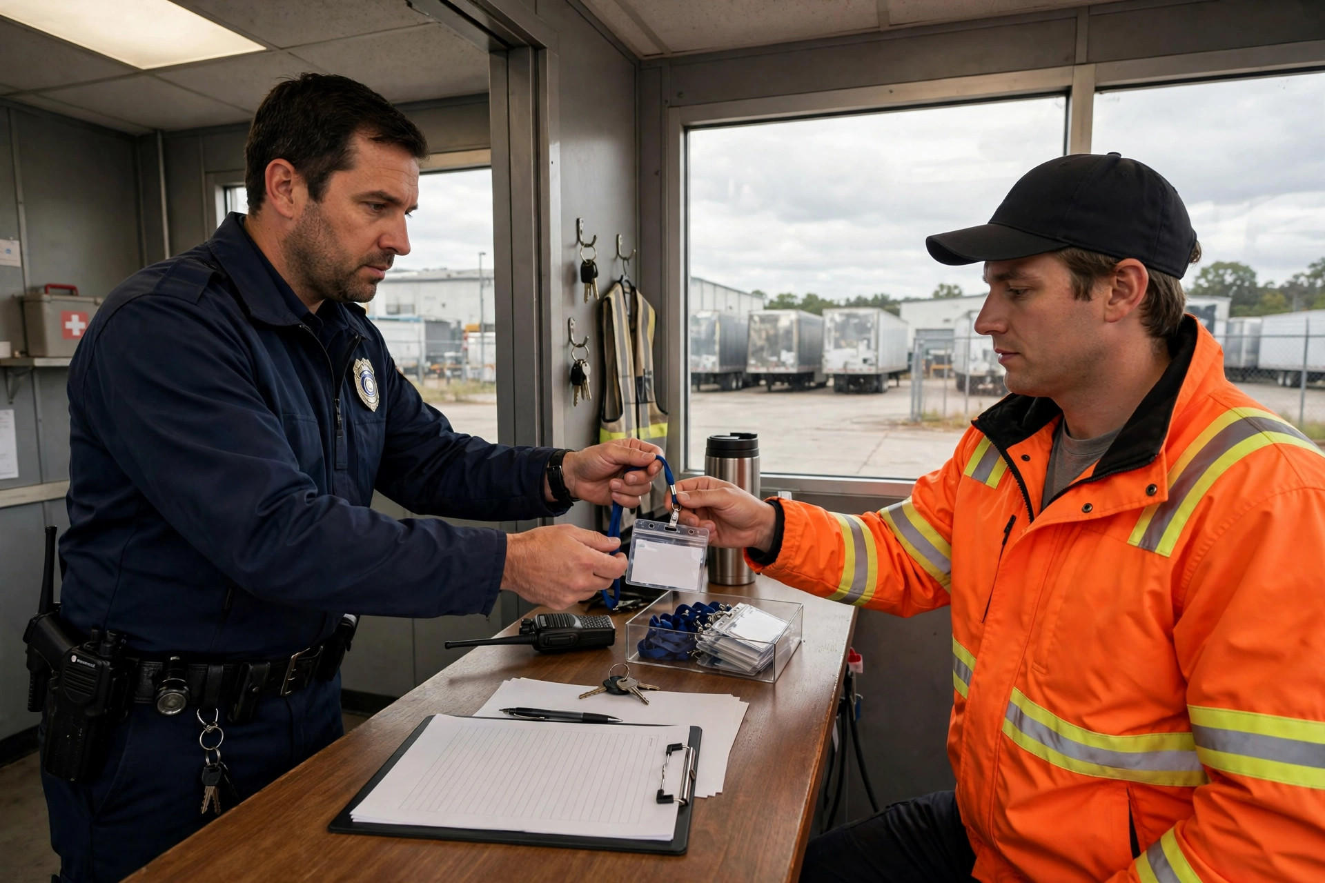Guard booth visitor check-in scene
