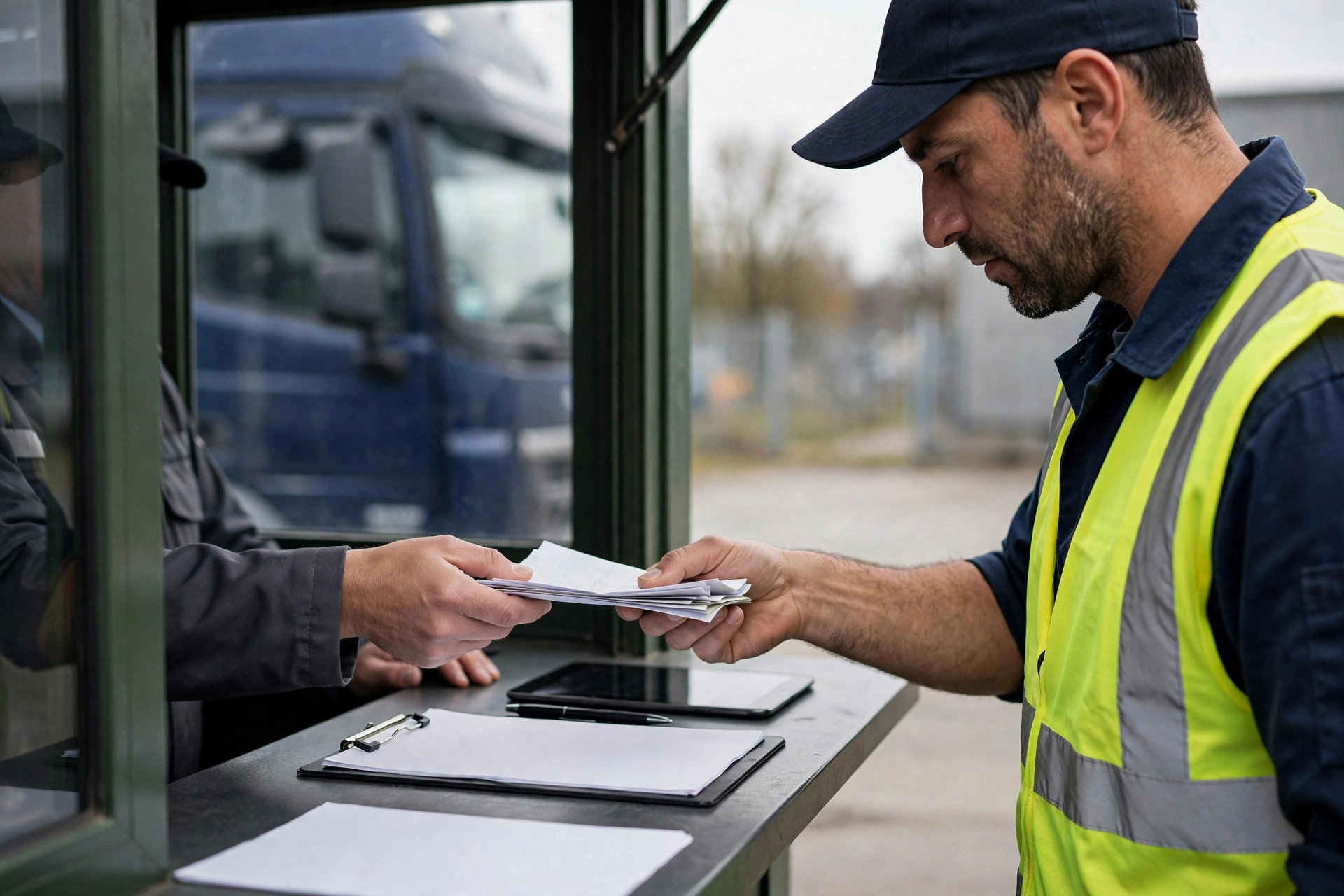 Camiones haciendo cola para el check-in en la puerta de un almacén