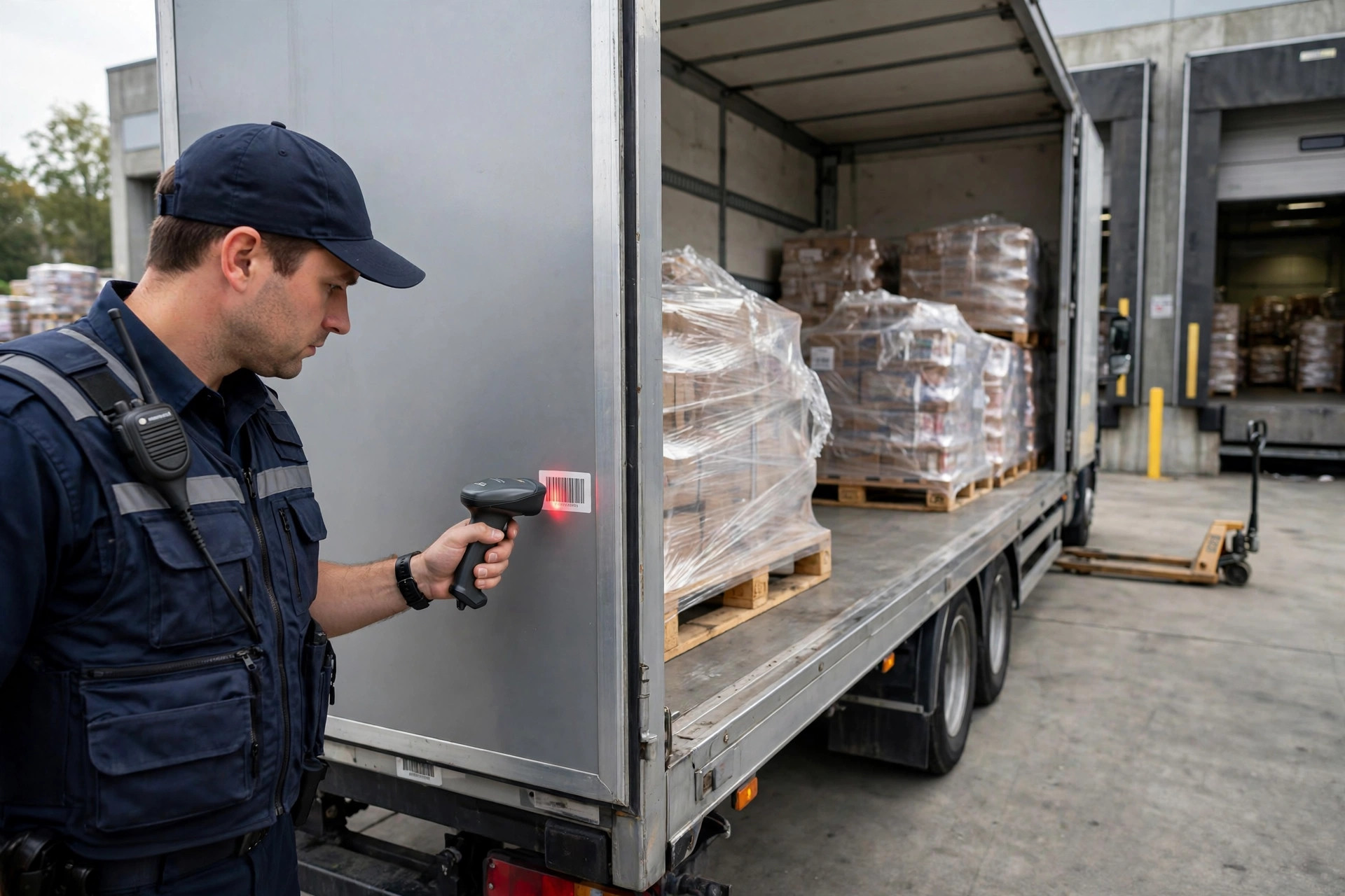 Camión siendo inspeccionado en la puerta de seguridad del almacén