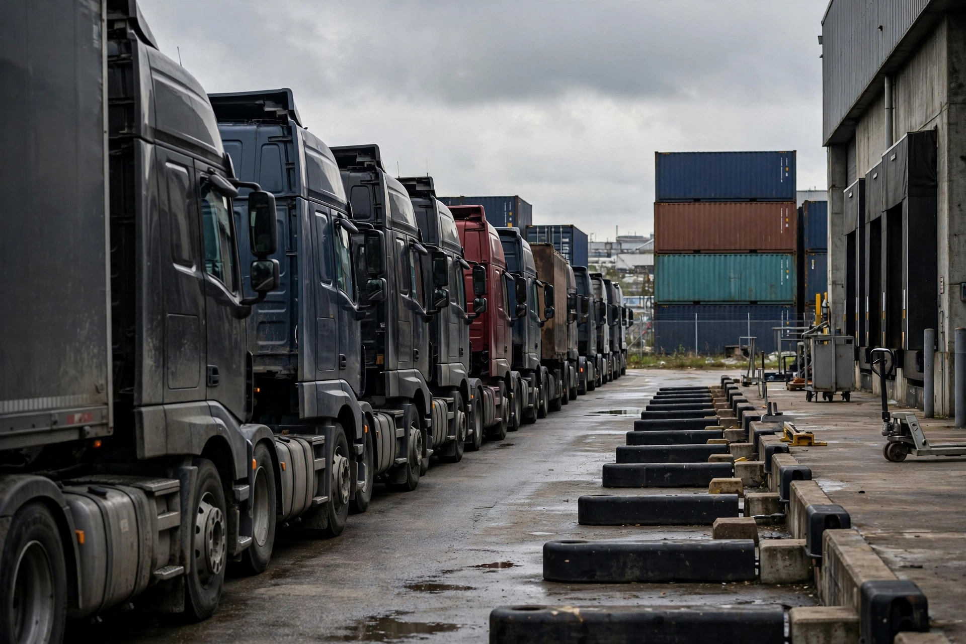 Trucks queued outside a warehouse gate