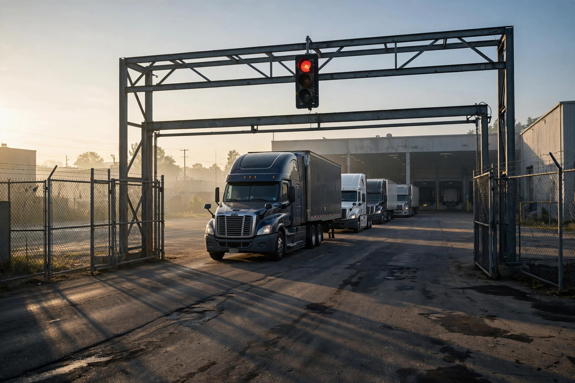 Semi-trucks queued at a warehouse gate at dawn